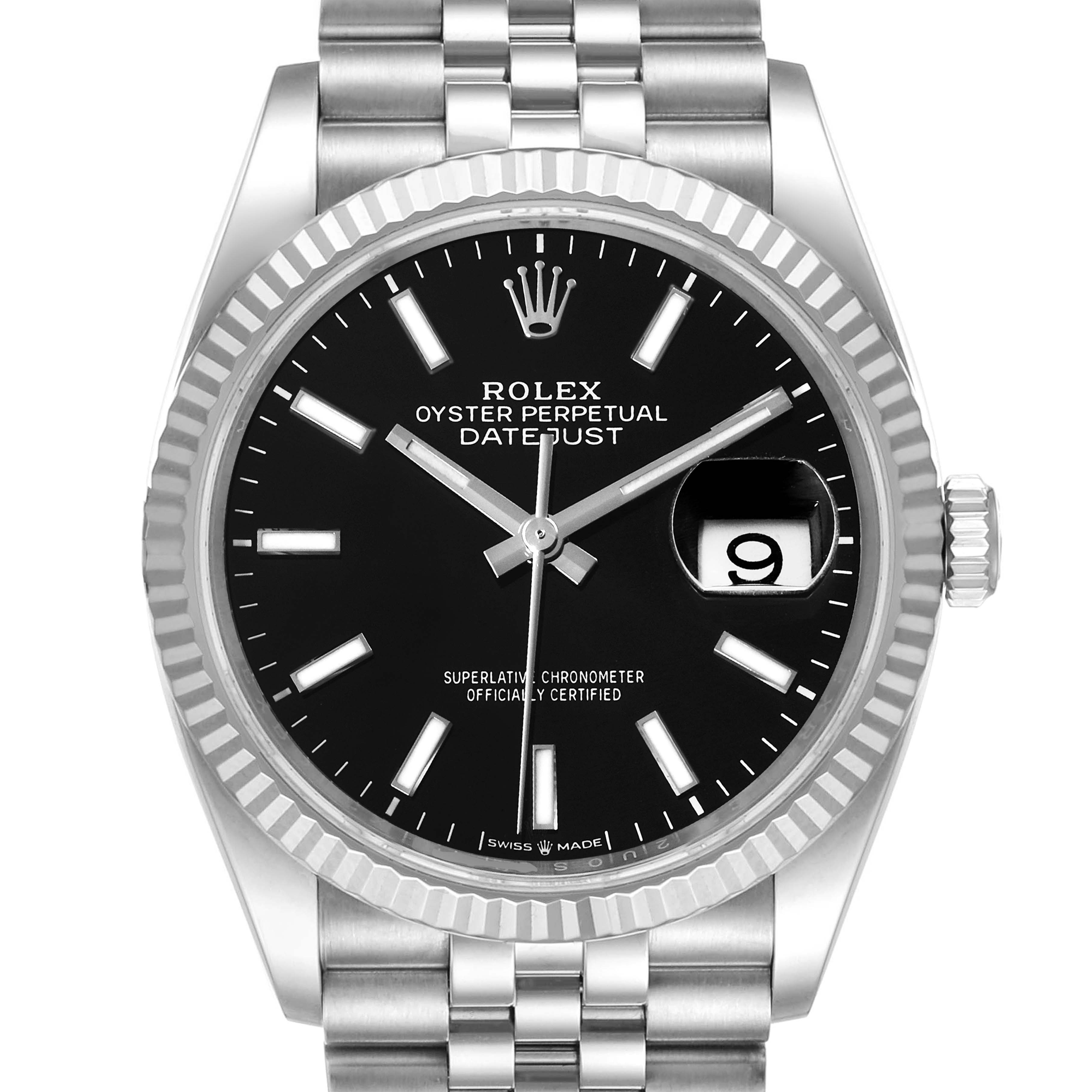 This image shows a frontal view of a Rolex Datejust 126234 Men
s Stainless Steel Black Dial 126234 Men
s Stainless Steel Black Dial watch featuring its black dial, fluted bezel, and Jubilee bracelet.