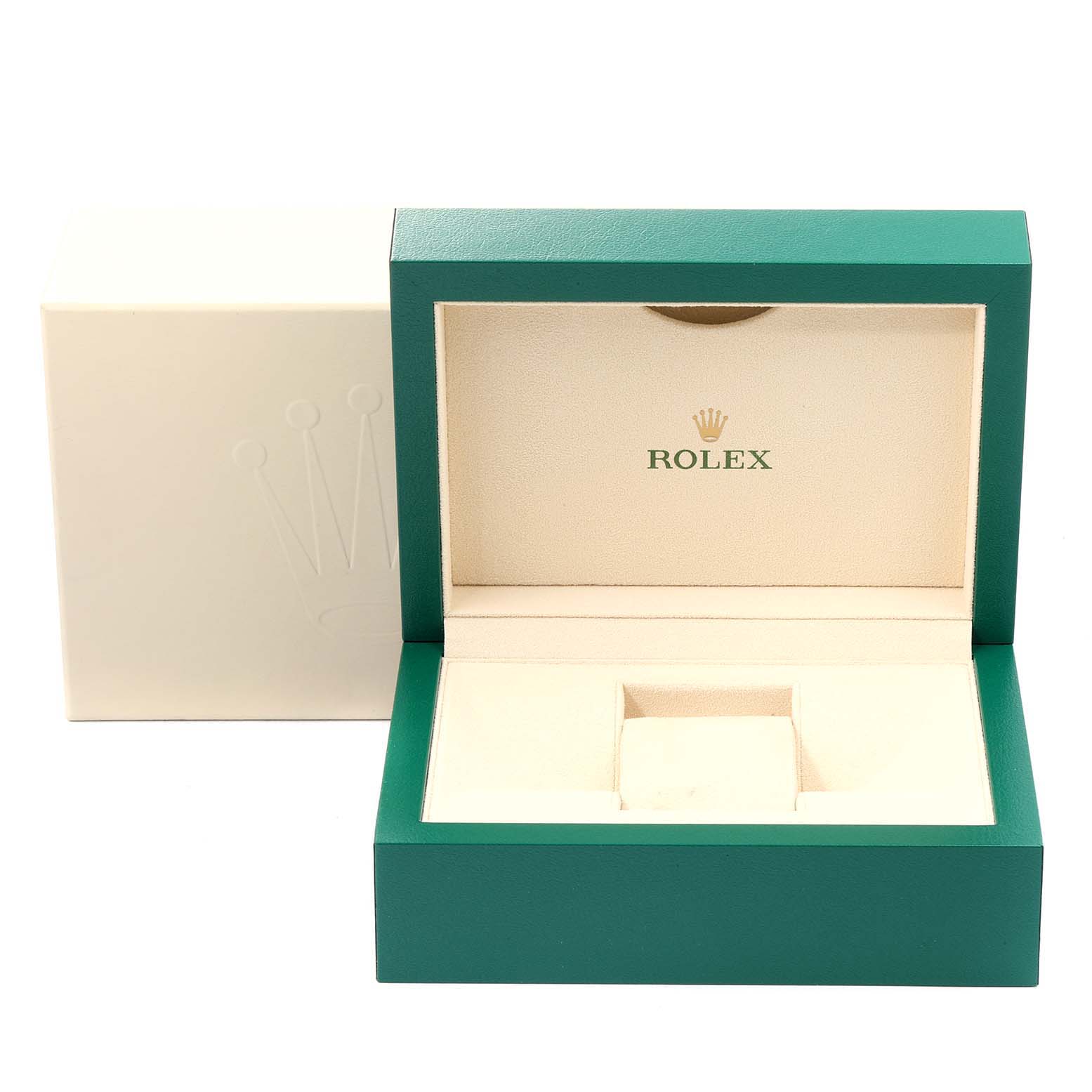 The image shows an open green and beige Rolex Datejust 126234 Men
s Stainless Steel Black Dial 126234 Men
s Stainless Steel Black Dial watch box, with the closed outer box in the background.