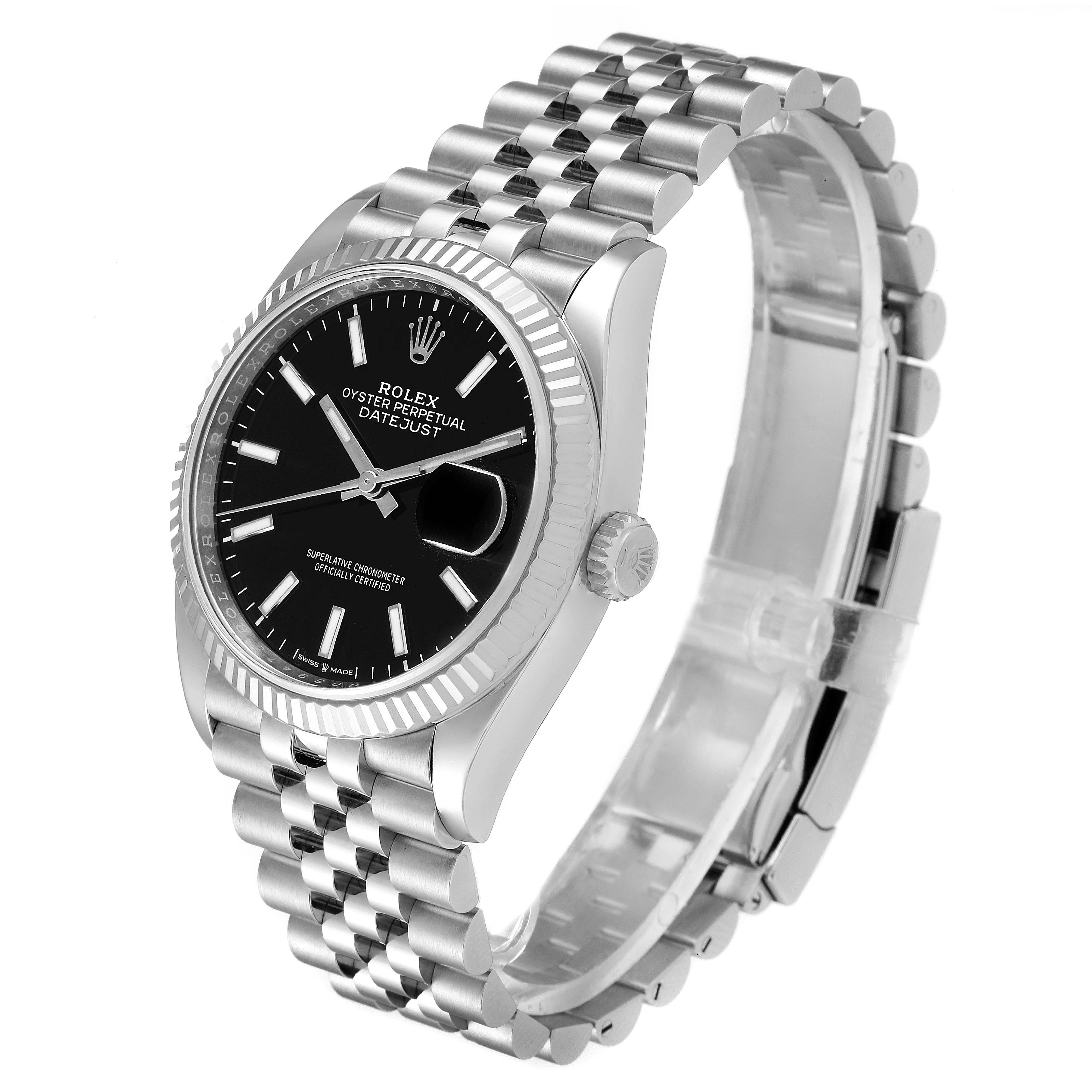 This image shows a side angle view of the Rolex Datejust 126234 Men
s Stainless Steel Black Dial 126234 Men
s Stainless Steel Black Dial with its face, bezel, crown, and bracelet visible.