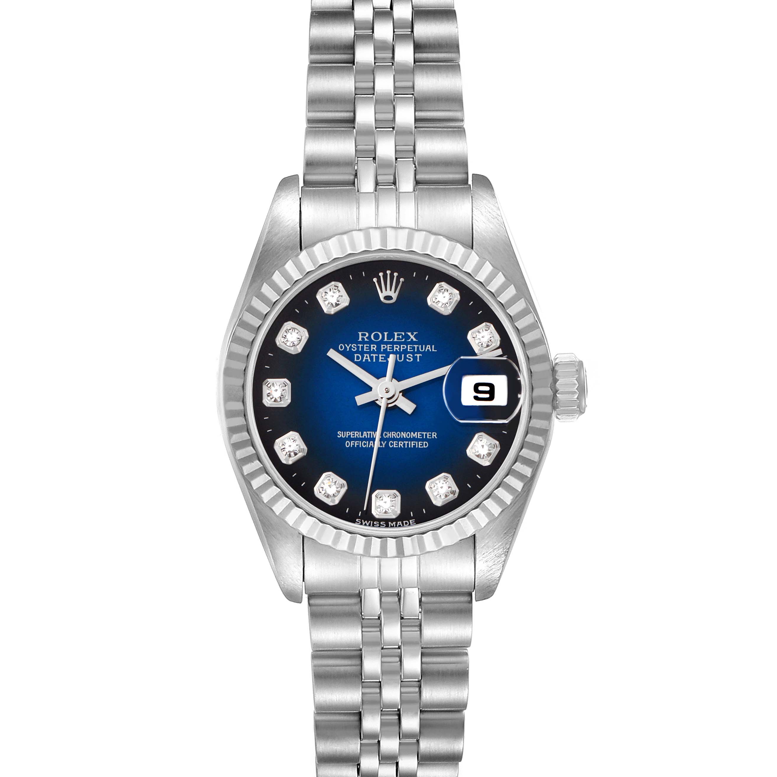 The Rolex Datejust model 69174 is shown from a top view, displaying the dial, fluted bezel, Jubilee bracelet, and date function with a magnified window.