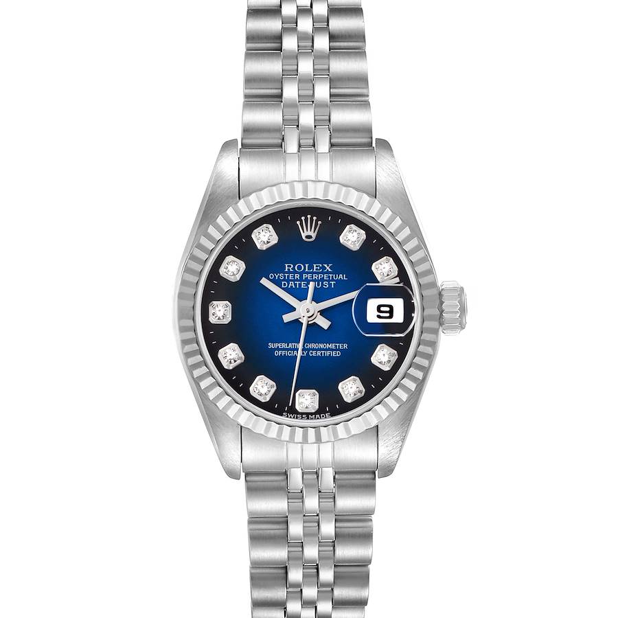 The Rolex Datejust model 69174 is shown from a top view, displaying the dial, fluted bezel, Jubilee bracelet, and date function with a magnified window.