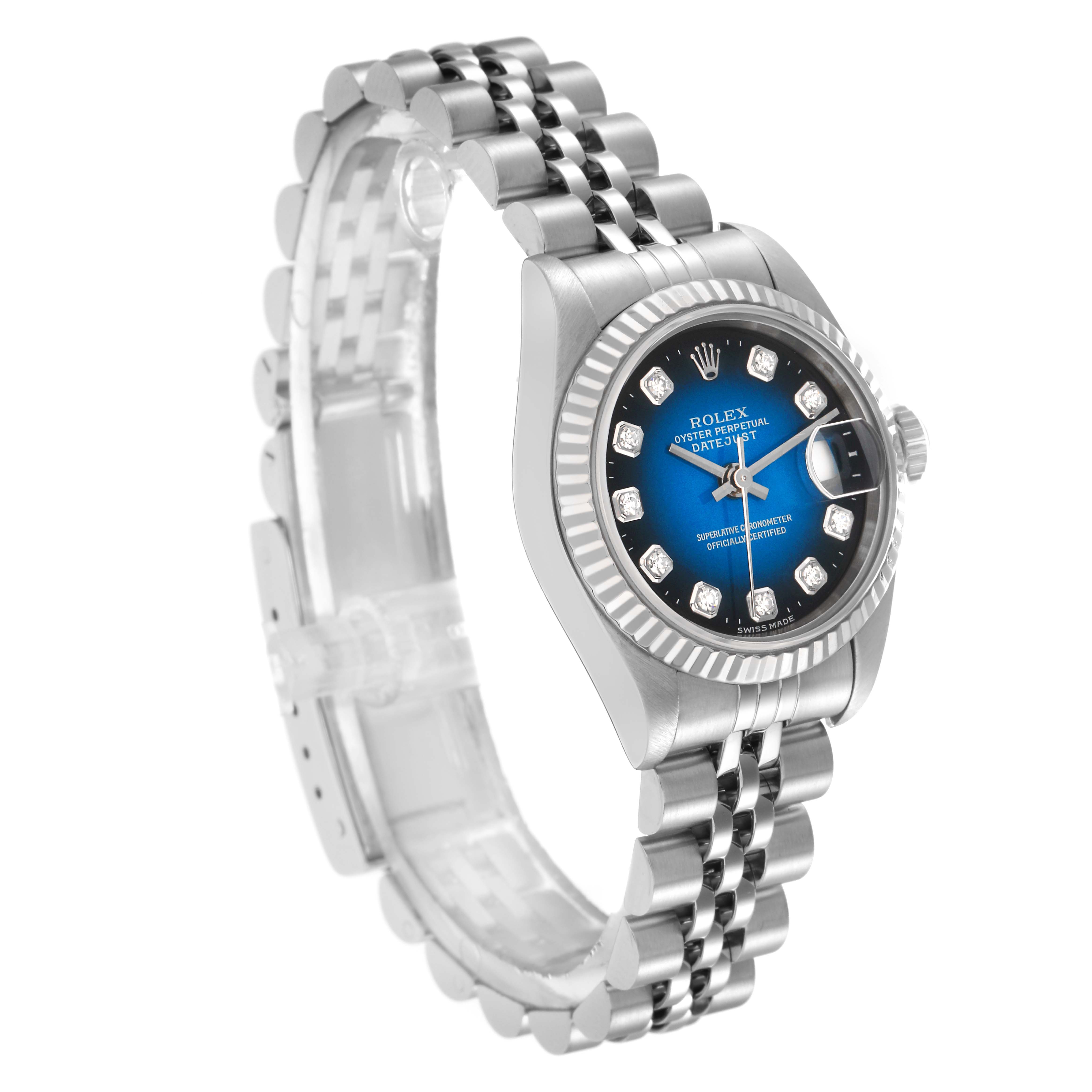 The Rolex Datejust model 69174 is shown at an angled front view, displaying the face, bezel, and part of the bracelet.