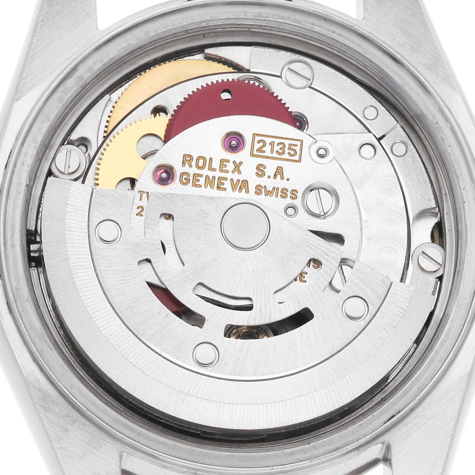 This image shows the movement of a Rolex Datejust model 69174, highlighting its internal gears and components from a back angle.