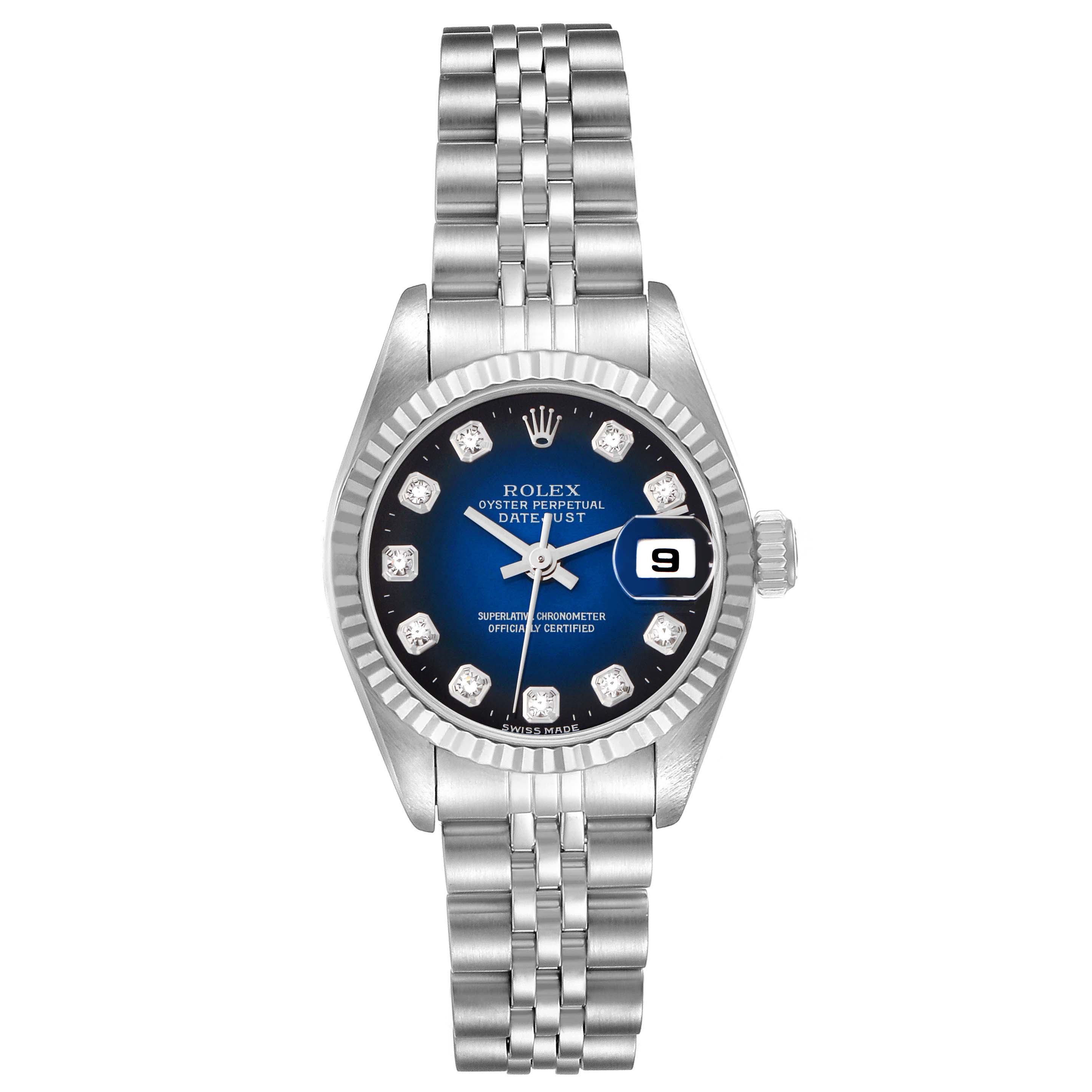 The Rolex Datejust model 69174 is shown from a top-down angle, displaying the dial, bezel, crown, and bracelet clearly.