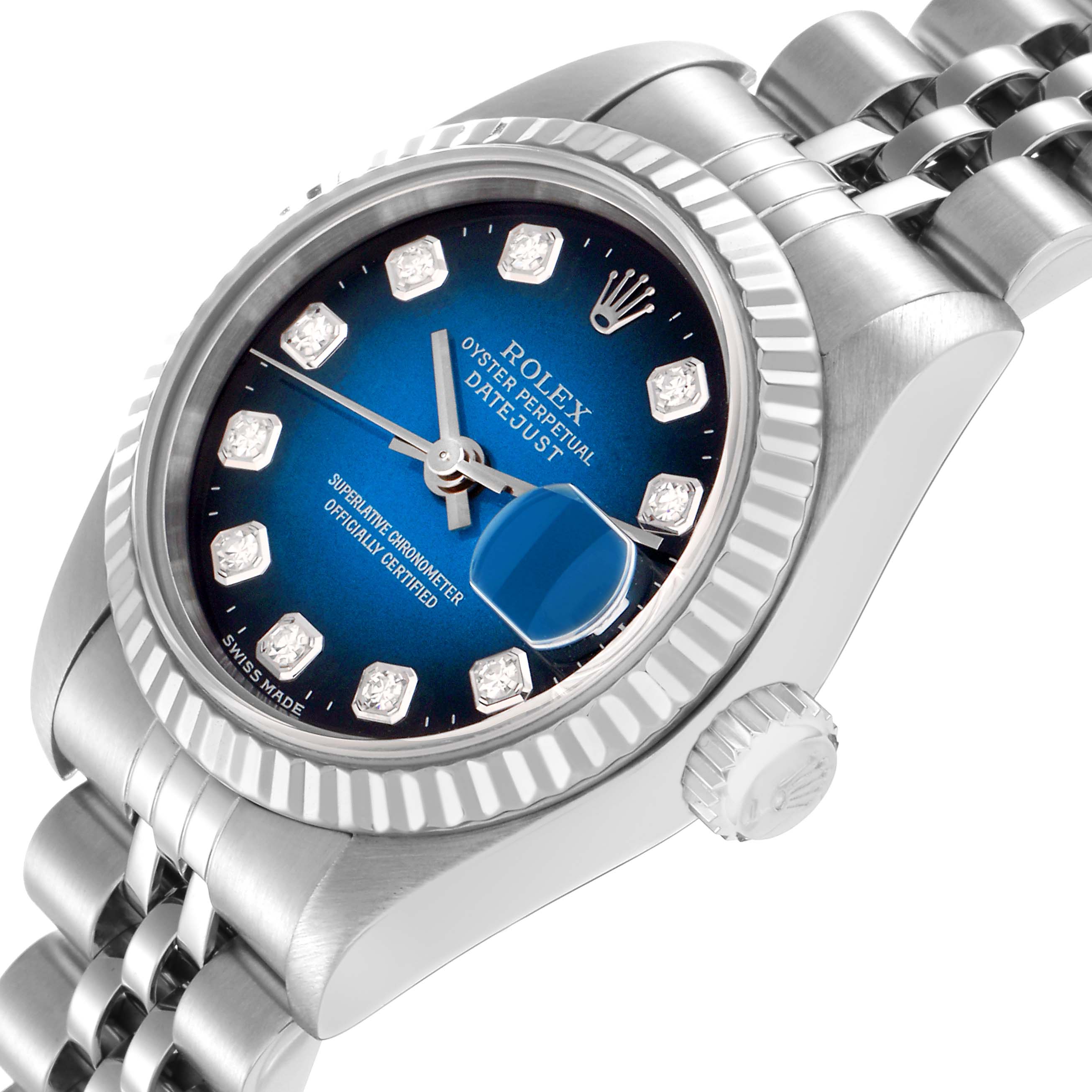 The Rolex Datejust model 69174 is shown from an angled view, highlighting the bezel, dial, bracelet, and crown.