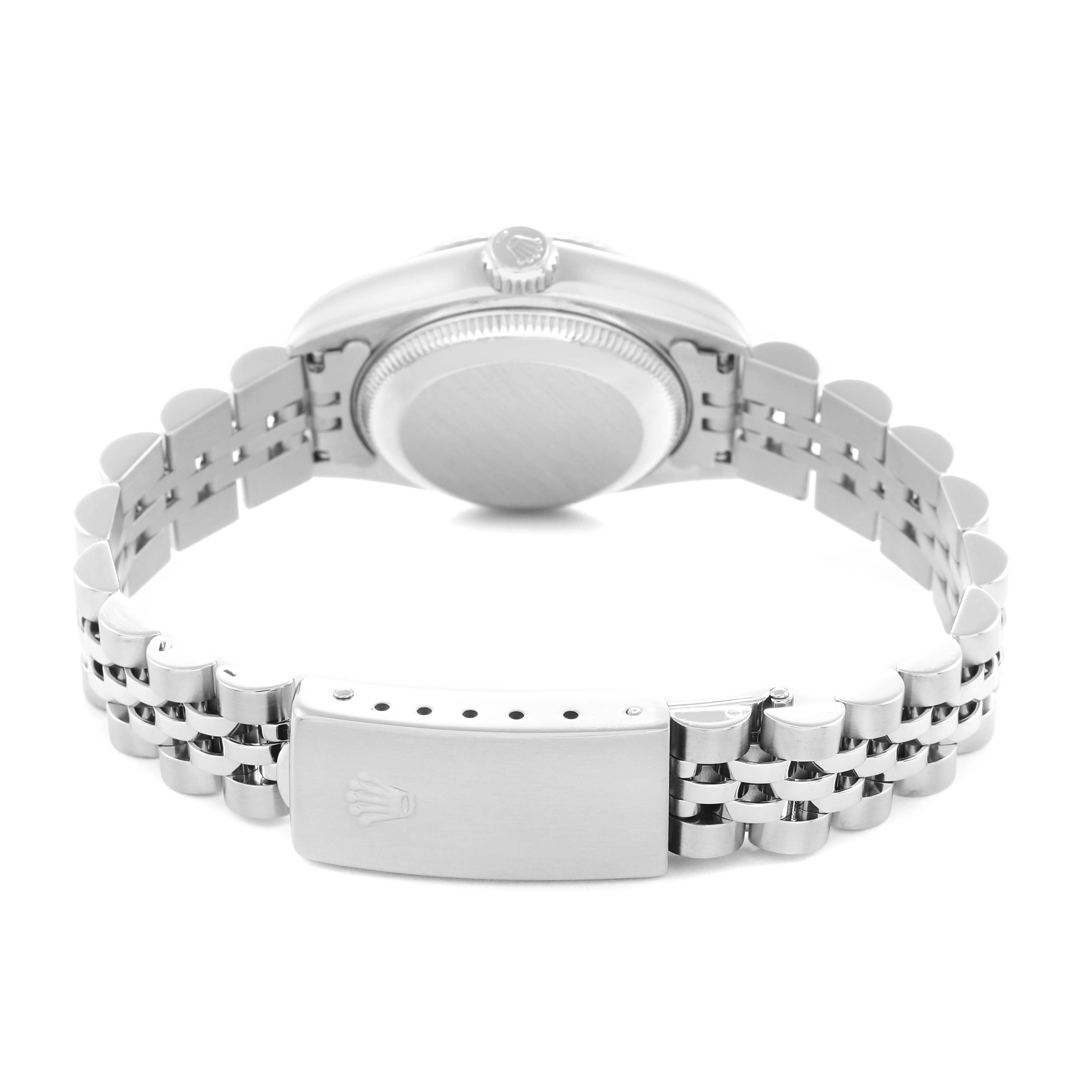 The image shows the back and clasp of the Rolex Datejust men's watch, model number 69174, highlighting the bracelet and case back.