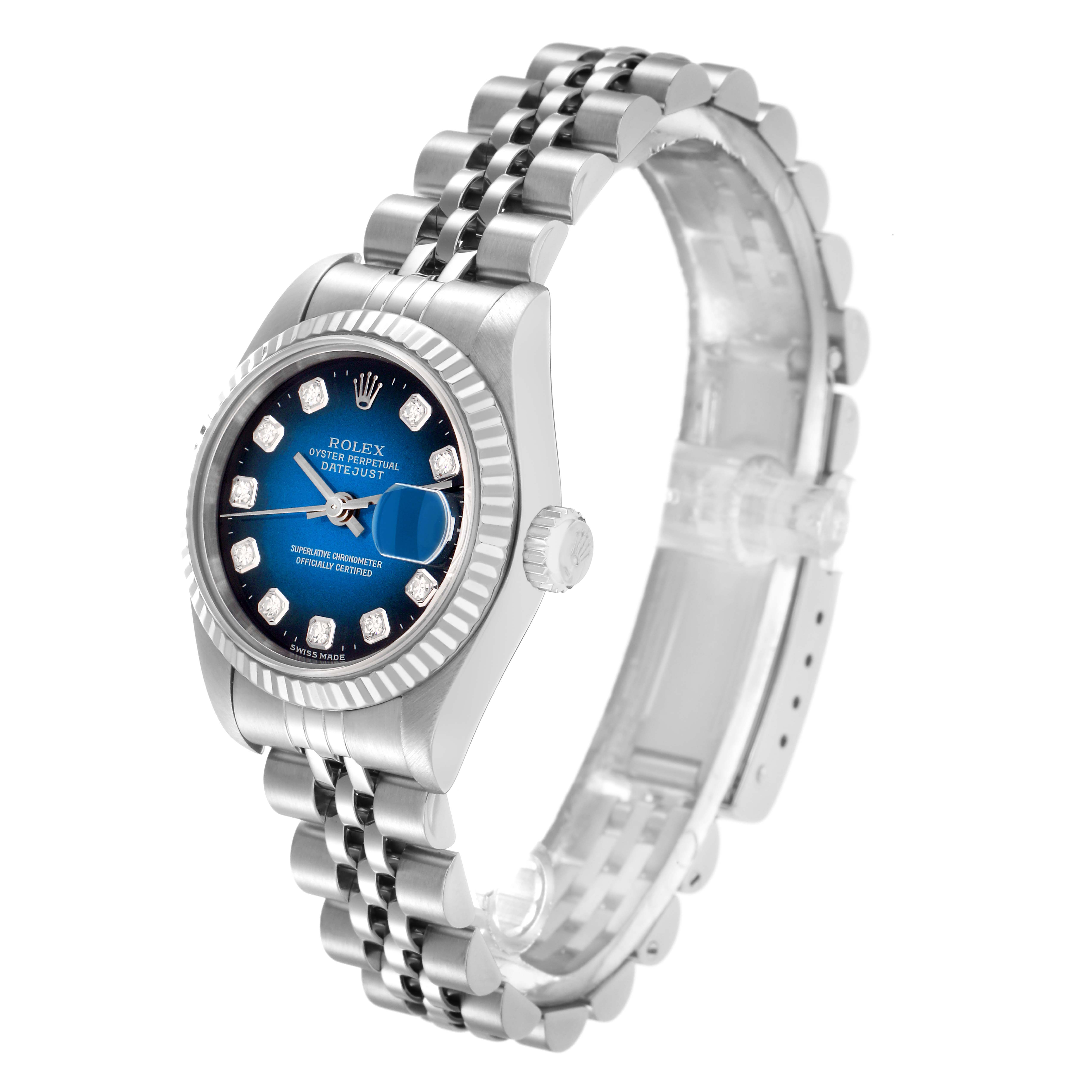 The Rolex Datejust model 69174 is shown at a three-quarter angle highlighting its face, bezel, and part of the bracelet.