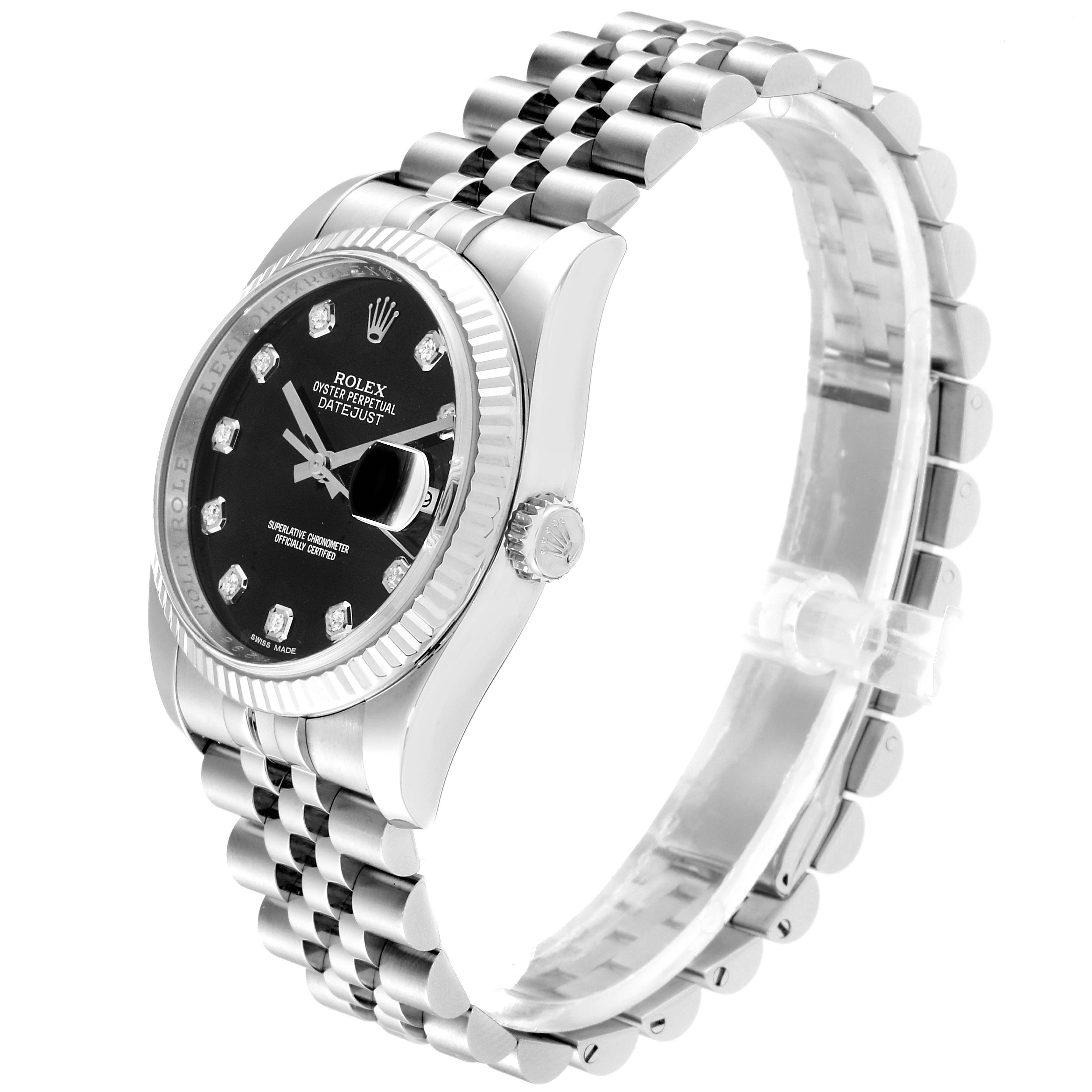 This Rolex Datejust 116234 Men's Stainless Steel Black Dial 116234 Men's Stainless Steel Black Dial watch is shown at a three-quarter angle, featuring its black dial, fluted bezel, and Jubilee bracelet.