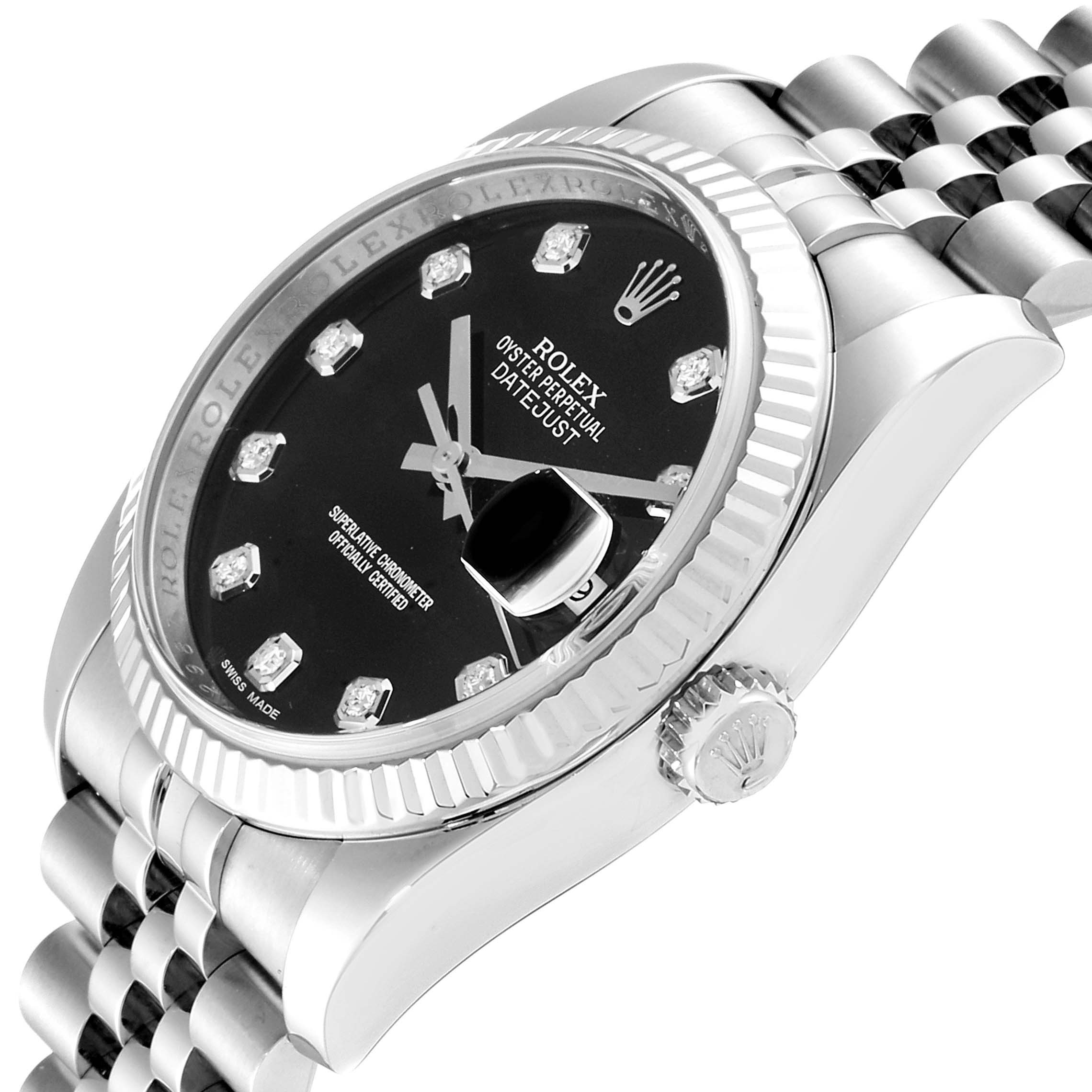 The image shows a close-up side angle of the Rolex Datejust 116234 Men's Stainless Steel Black Dial 116234 Men's Stainless Steel Black Dial watch, highlighting the crown, bezel, and part of the bracelet.