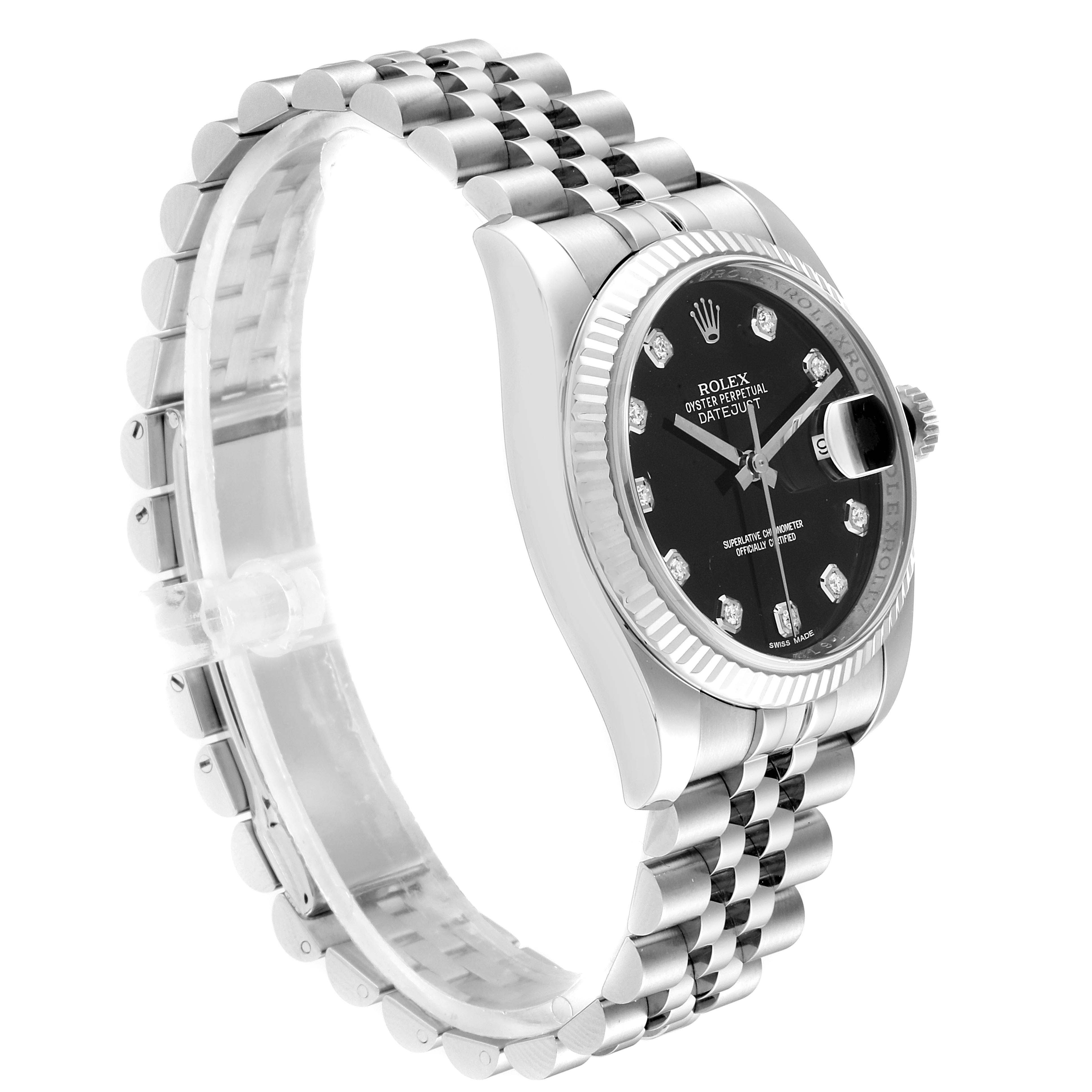 The image shows a side view of the Rolex Datejust 116234 Men's Stainless Steel Black Dial 116234 Men's Stainless Steel Black Dial watch, highlighting the bezel, bracelet, and black dial with diamond markers.