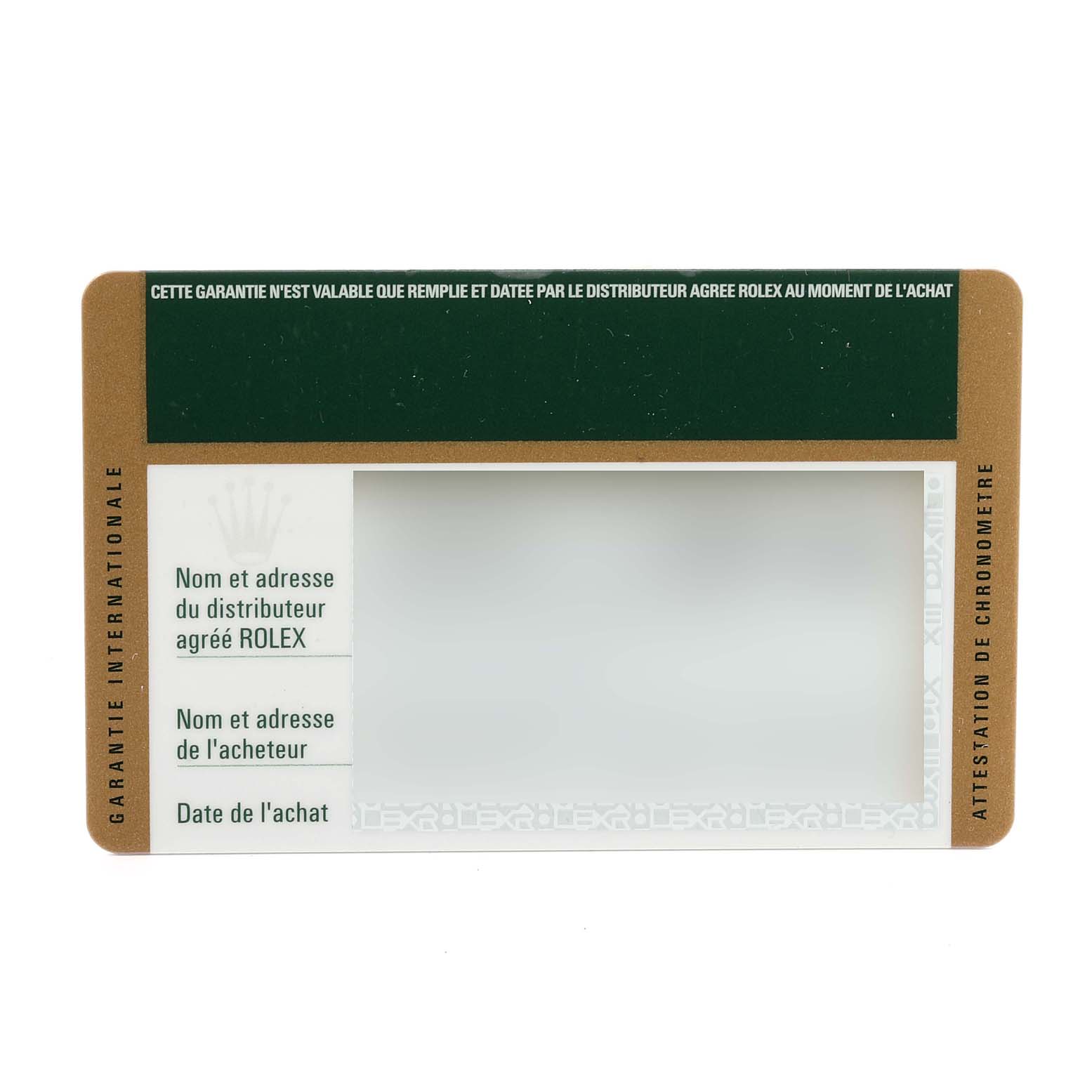 The image shows a warranty card for the Rolex Datejust 116234 Men's Stainless Steel Black Dial 116234 Men's Stainless Steel Black Dial model, displaying fields for authorized dealer and buyer information.