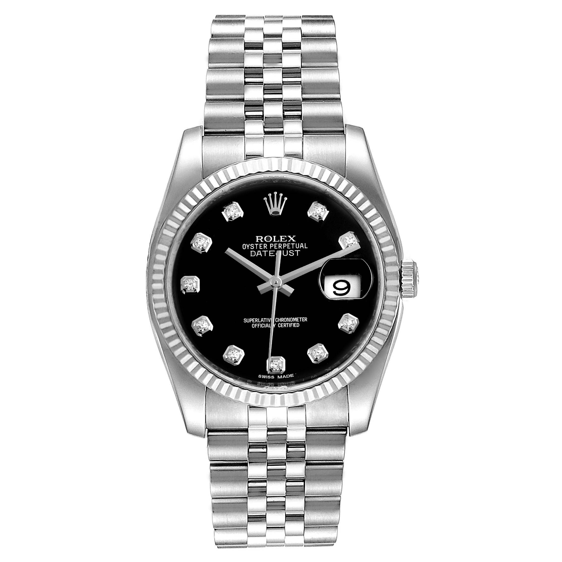 The image shows a frontal view of a Rolex Datejust 116234 Men's Stainless Steel Black Dial 116234 Men's Stainless Steel Black Dial watch, highlighting its black dial, diamond markers, and jubilee bracelet.