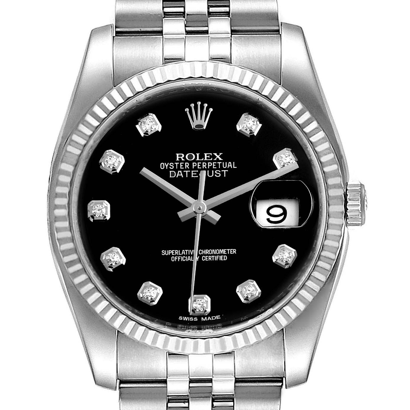 The Rolex Datejust 116234 Men's Stainless Steel Black Dial 116234 Men's Stainless Steel Black Dial watch is shown from a top-down angle featuring its black dial, hour markers, bezel, bracelet, and date.