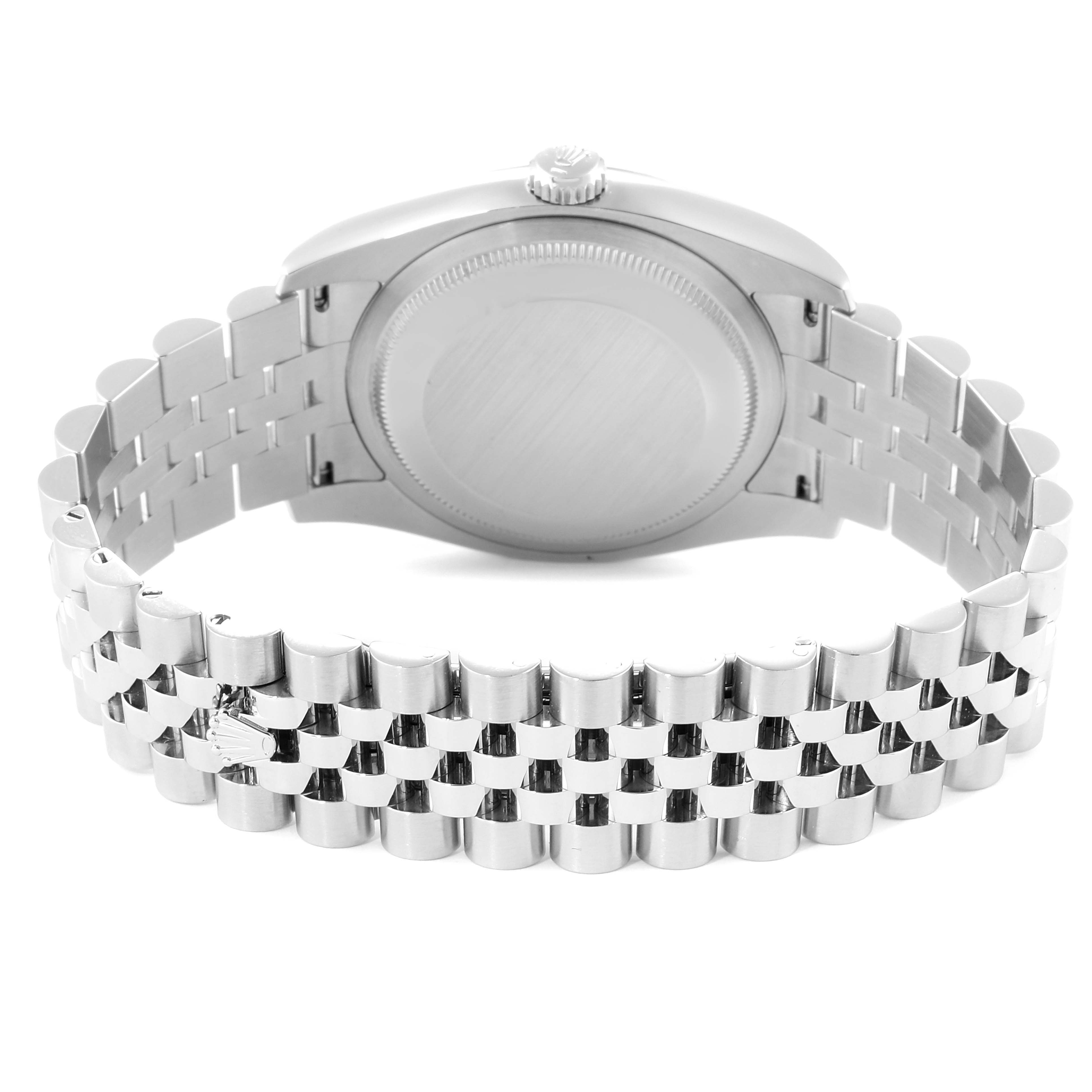 The image shows the back view of a Rolex Datejust 116234 Men's Stainless Steel Black Dial 116234 Men's Stainless Steel Black Dial watch, highlighting the clasp and the bracelet.