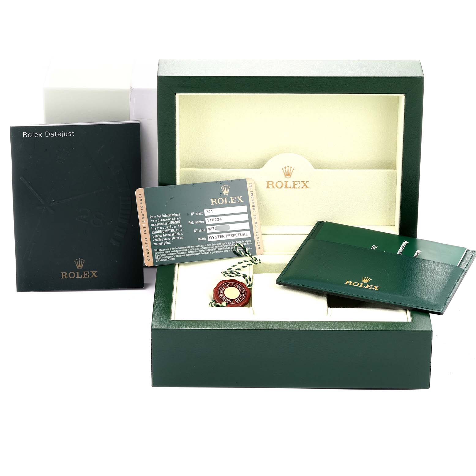 The image shows the packaging, warranty card, tags, and booklets for a Rolex Datejust 116234 Men's Stainless Steel Black Dial 116234 Men's Stainless Steel Black Dial watch.