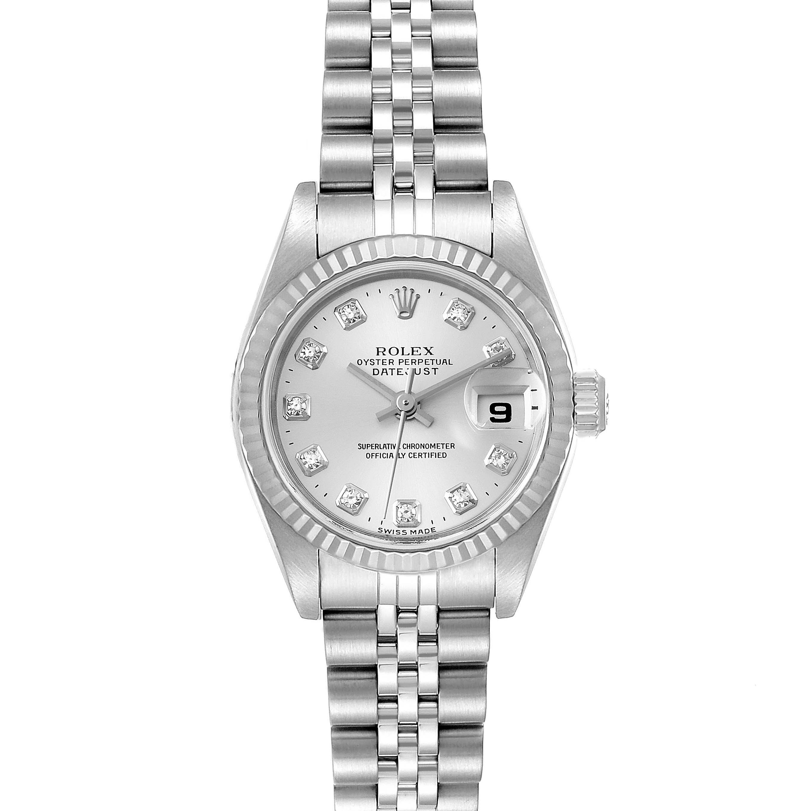 The Rolex Datejust 79174 Women
s Stainless Steel Silver Dial 79174 Women
s Stainless Steel Silver Dial watch is shown from a top-down angle, displaying the face, bezel, crown, and bracelet.