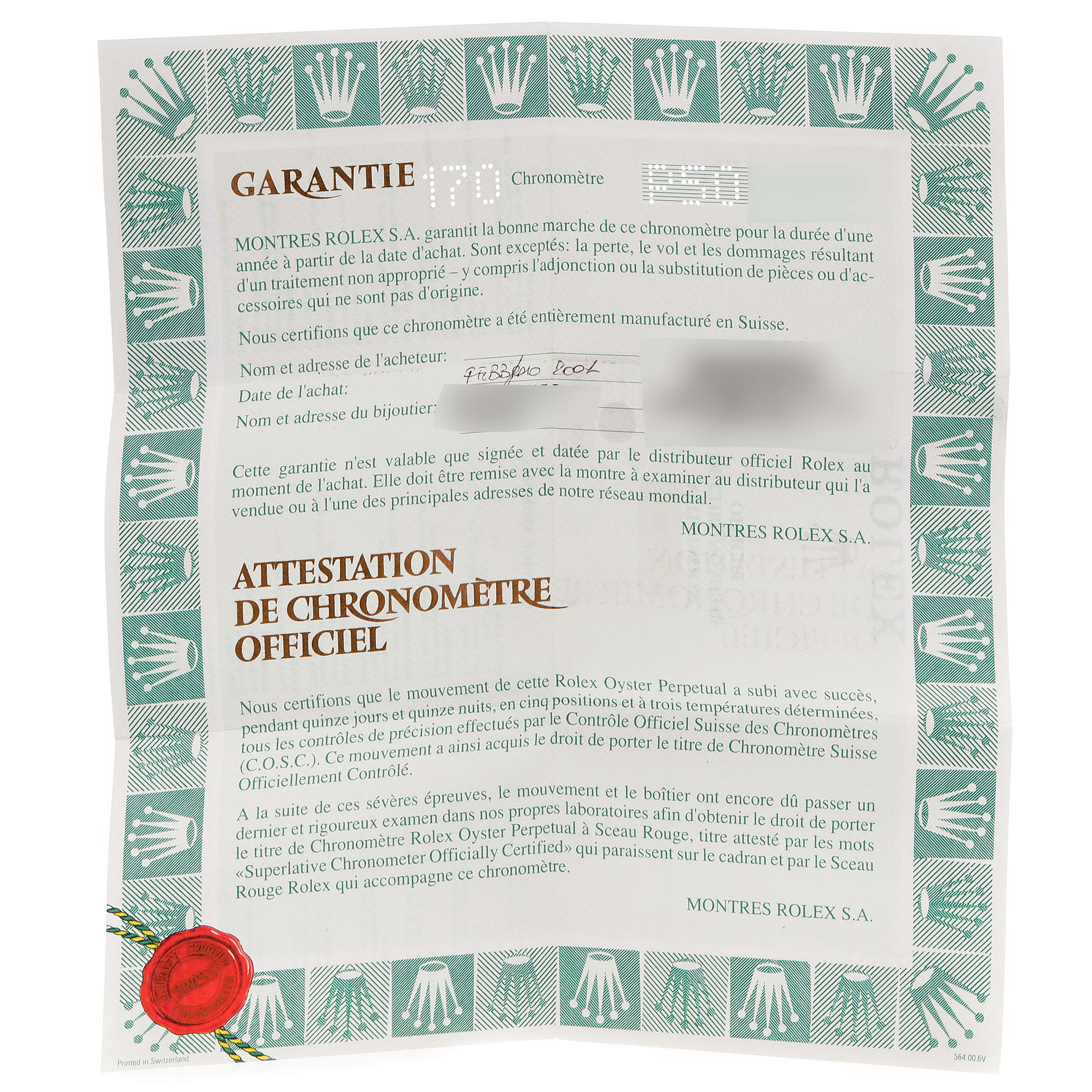 This image shows the official chronometer certificate and warranty card for the Rolex Datejust 79174 Women
s Stainless Steel Silver Dial 79174 Women
s Stainless Steel Silver Dial model.