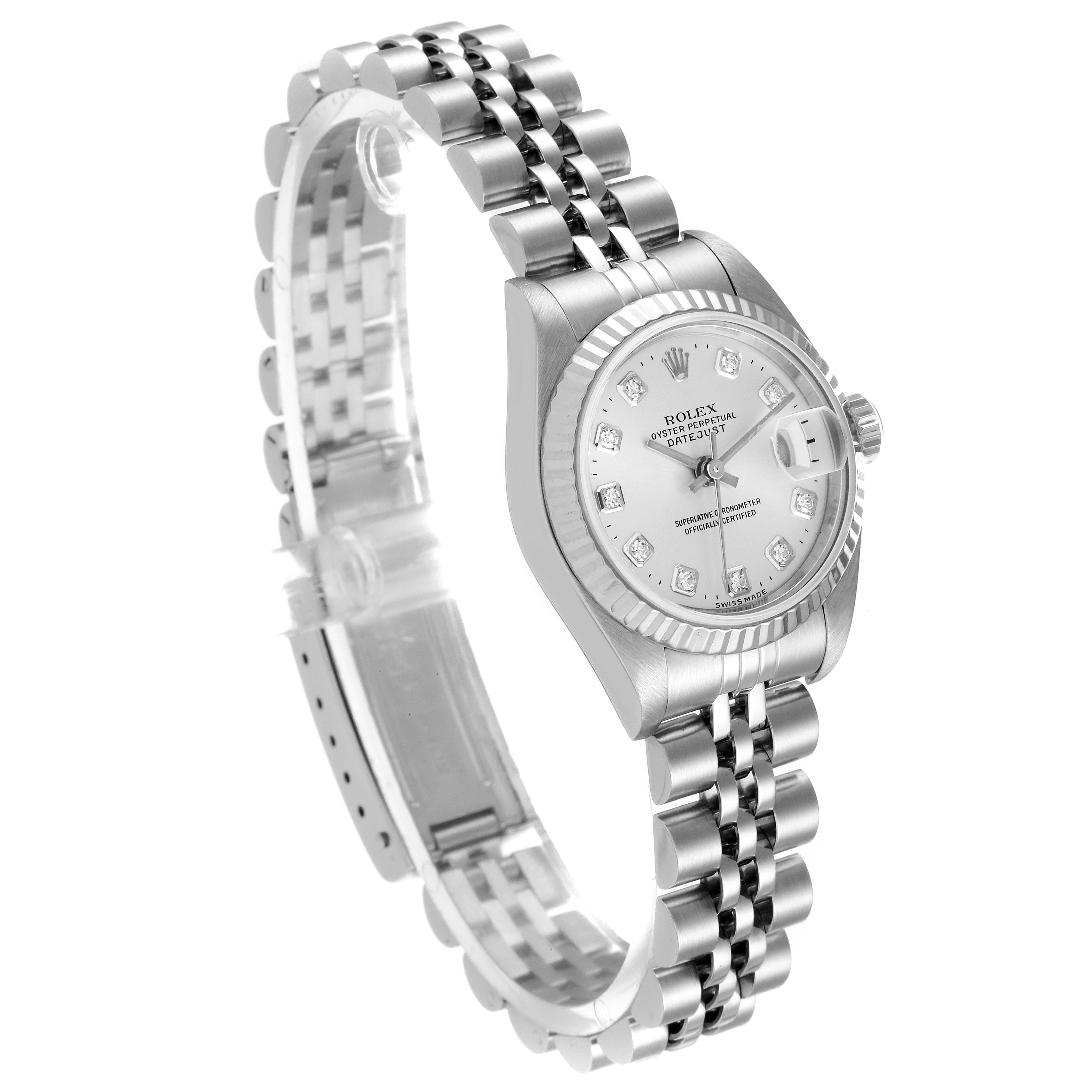 The image shows a Rolex Datejust 79174 Women
s Stainless Steel Silver Dial 79174 Women
s Stainless Steel Silver Dial watch at an angled view highlighting the bracelet and the face with diamond hour markers.