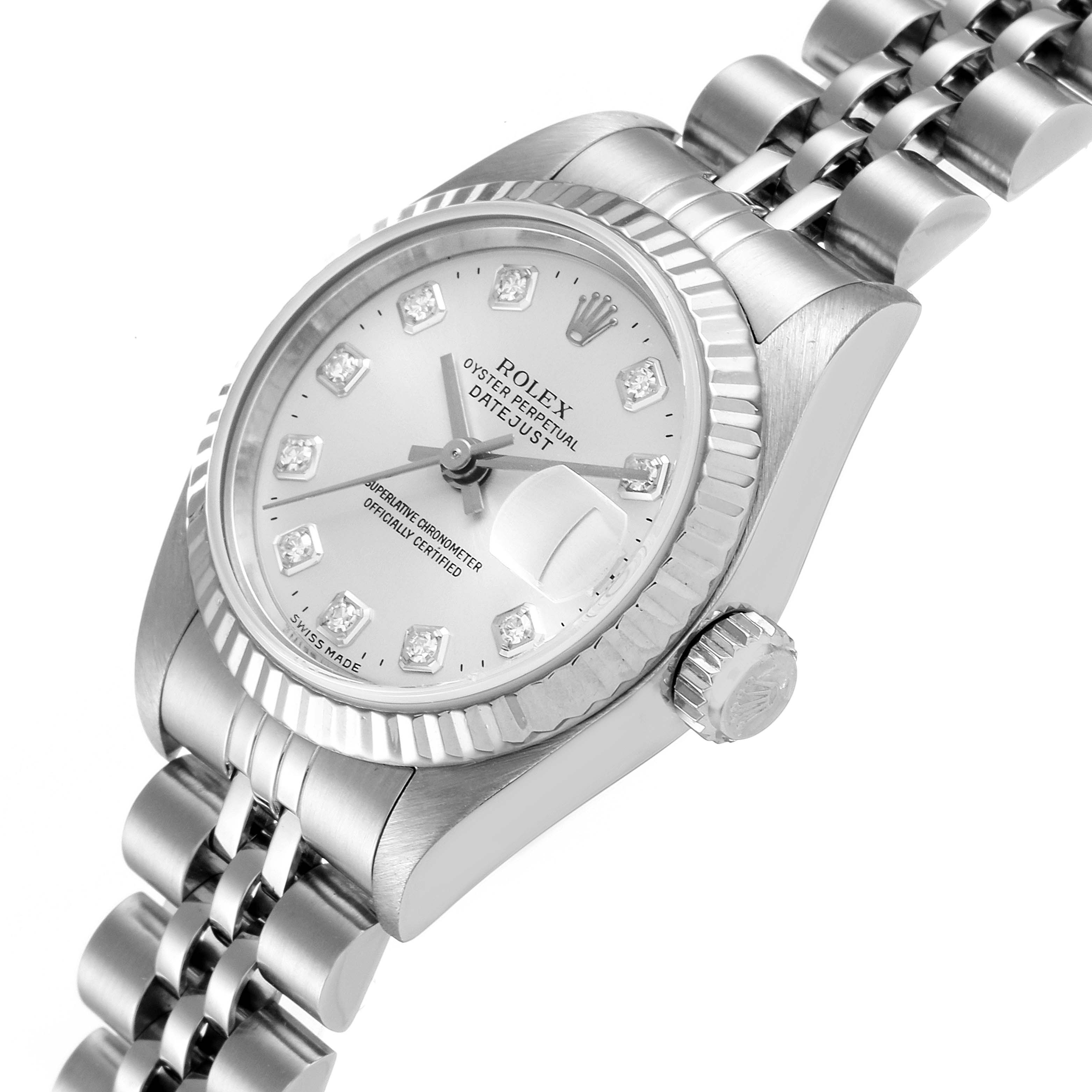 The image shows a Rolex Datejust 79174 Women
s Stainless Steel Silver Dial 79174 Women
s Stainless Steel Silver Dial watch at an angled view, displaying its face, bezel, crown, and part of its bracelet.