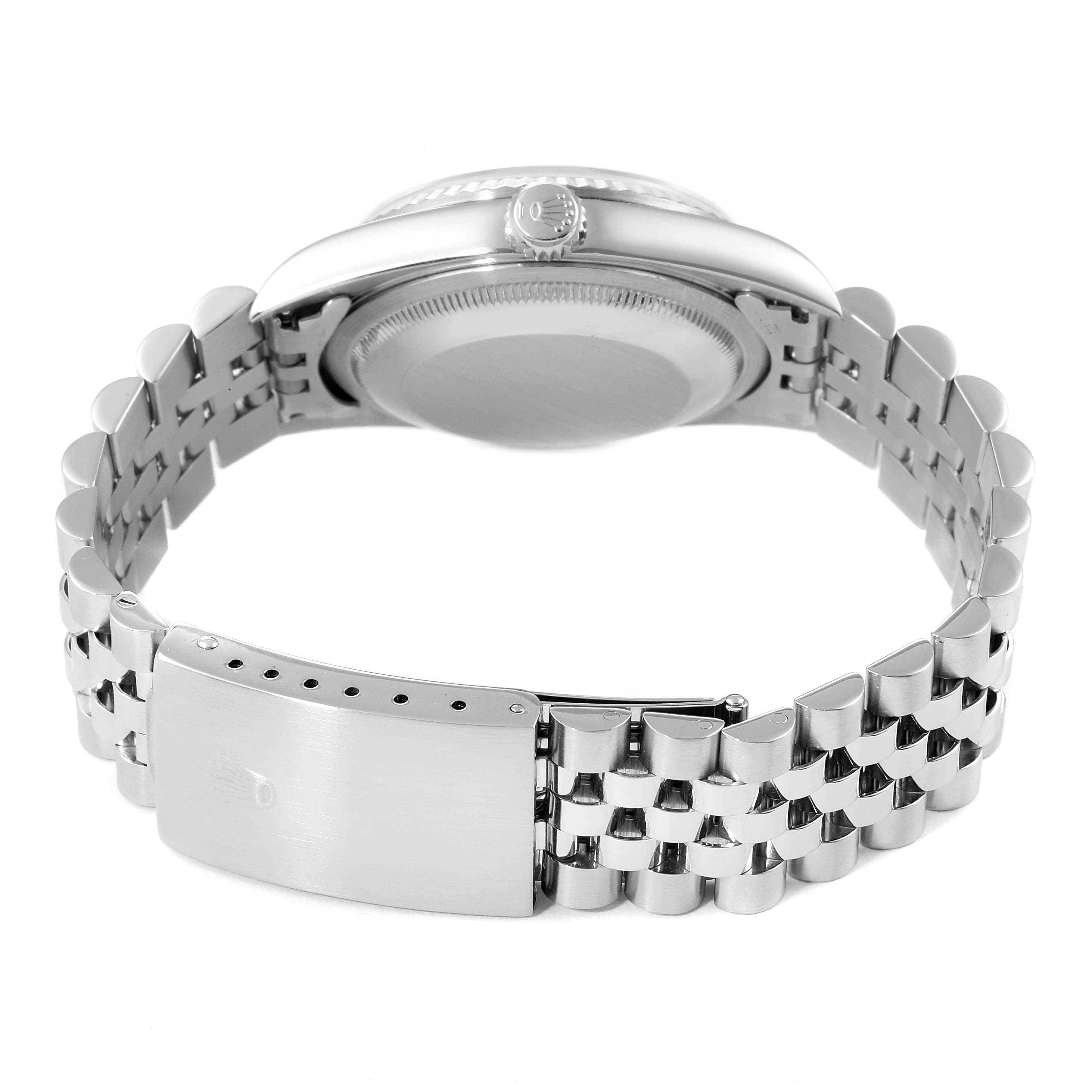 This image shows the back view of a Rolex Datejust 16234 Men's Stainless Steel Silver Dial 16234 Men's Stainless Steel Silver Dial watch, highlighting its case back, crown, and Jubilee bracelet.