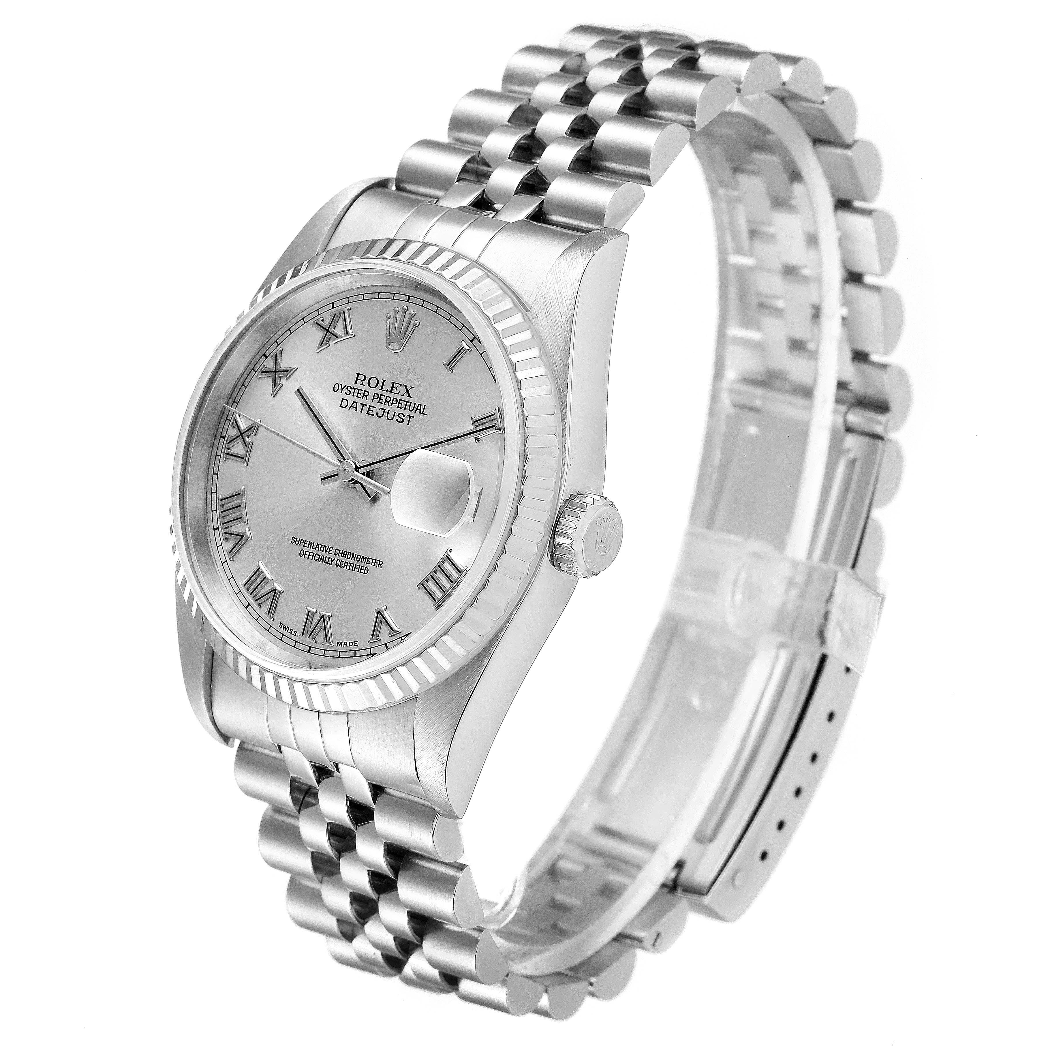The image shows a Rolex Datejust 16234 Men's Stainless Steel Silver Dial 16234 Men's Stainless Steel Silver Dial watch from a three-quarter angle, highlighting the face, bezel, and bracelet.