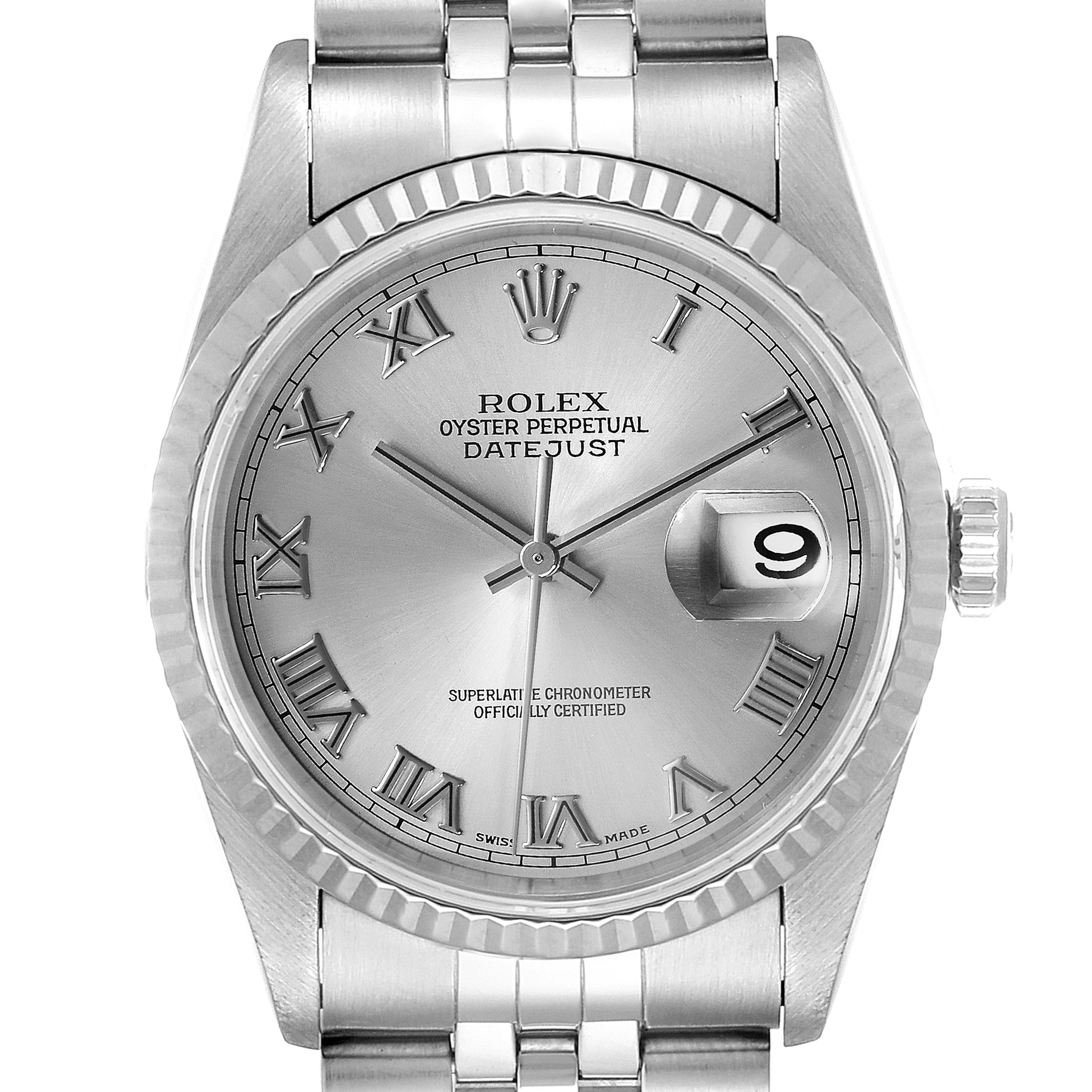 The image shows a front view of the Rolex Datejust 16234 Men's Stainless Steel Silver Dial 16234 Men's Stainless Steel Silver Dial watch, featuring its dial, hands, bezel, and part of the bracelet.