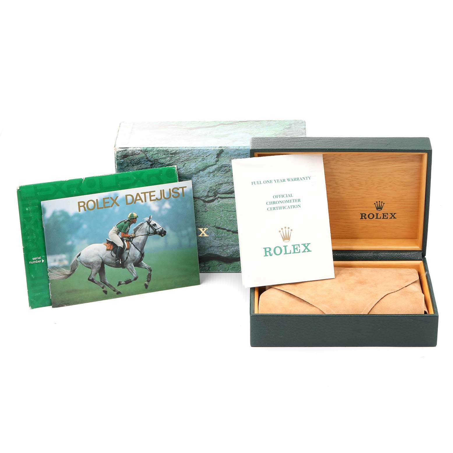 The image shows a Rolex Datejust 16234 Men's Stainless Steel Silver Dial 16234 Men's Stainless Steel Silver Dial box, warranty booklets, and an outer packaging, all viewed from an overhead angle.