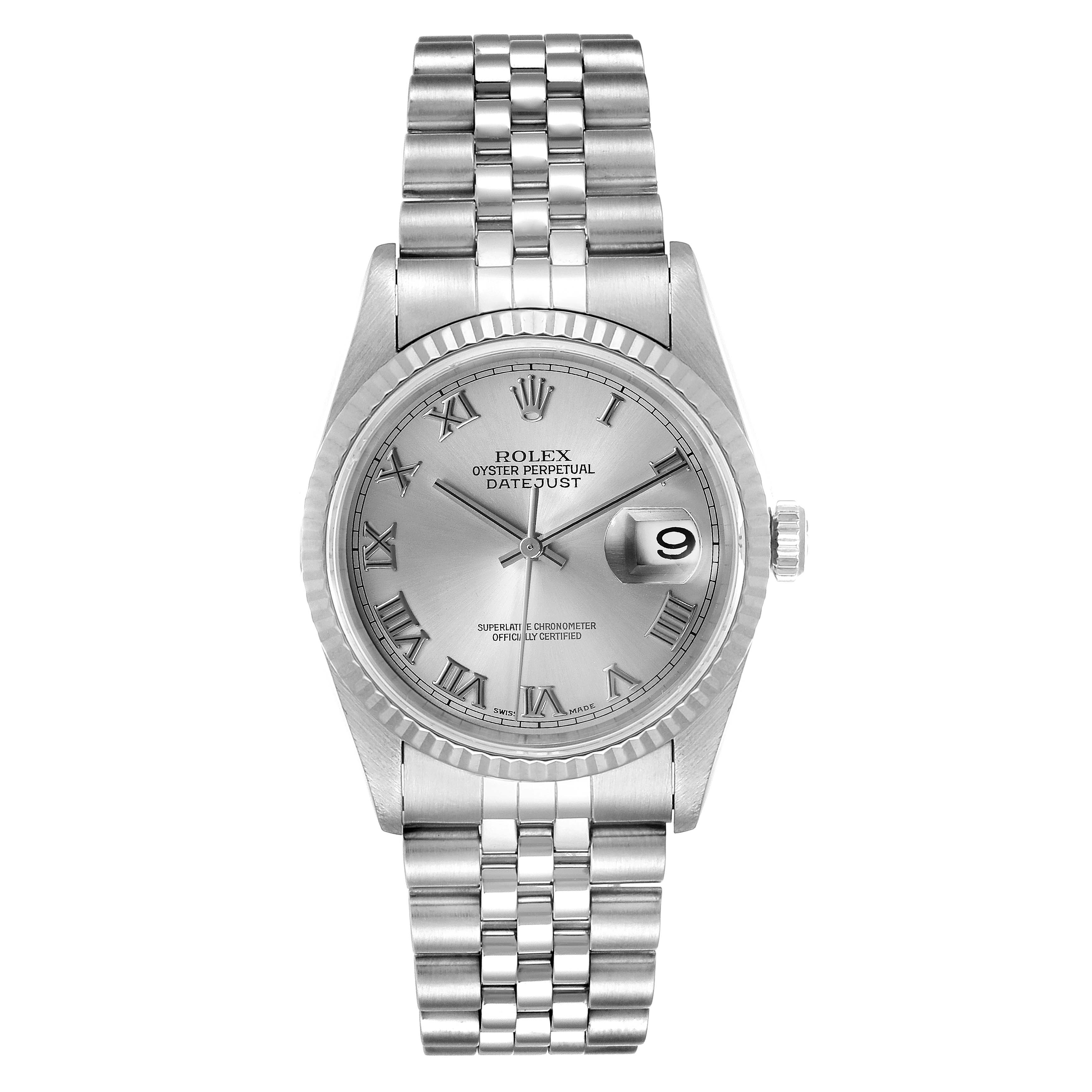 This image shows a front view of a Rolex Datejust 16234 Men's Stainless Steel Silver Dial 16234 Men's Stainless Steel Silver Dial watch, displaying its face, bezel, crown, and metallic bracelet.