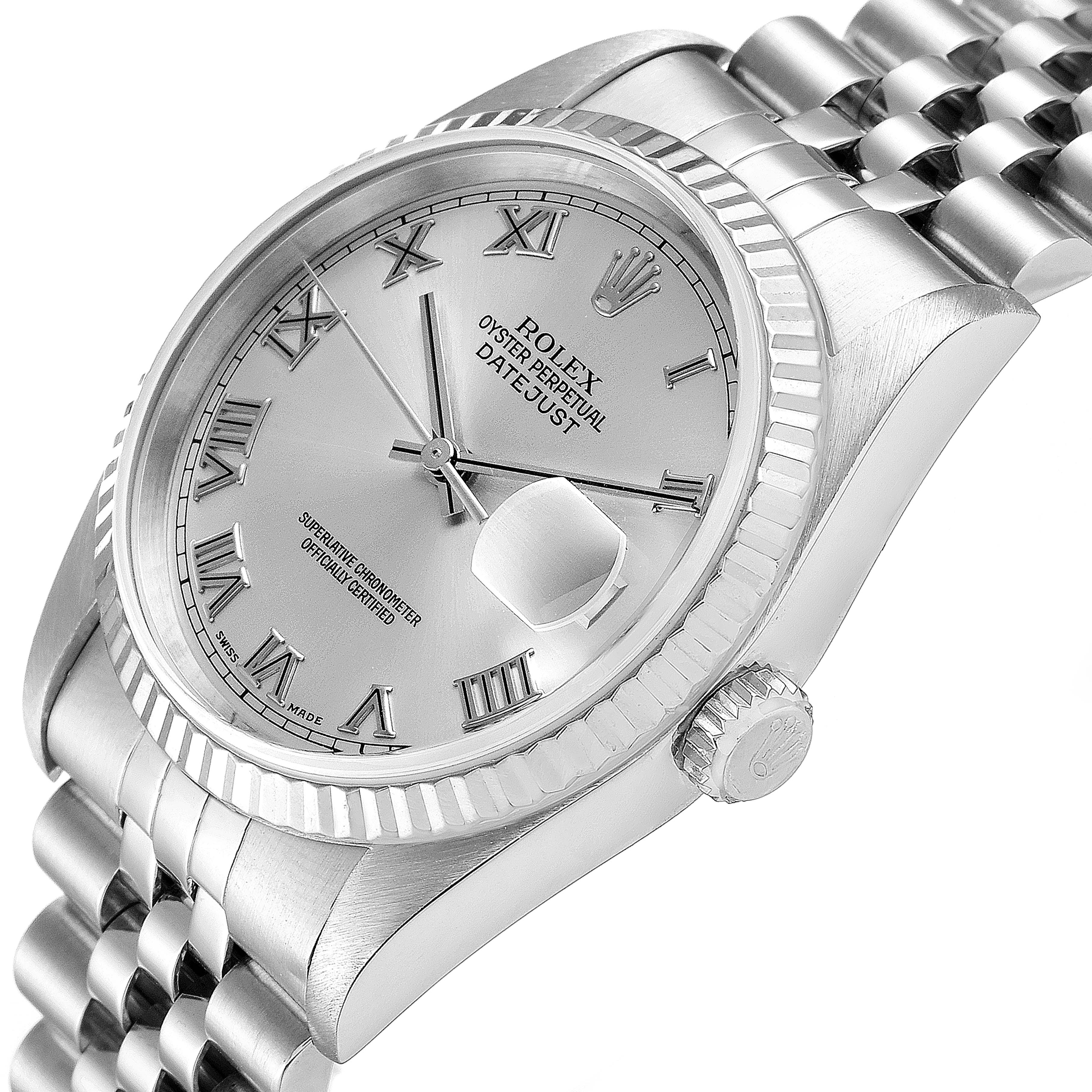 The Rolex Datejust 16234 Men's Stainless Steel Silver Dial 16234 Men's Stainless Steel Silver Dial watch is shown from a slightly angled top-down view, displaying the dial, bezel, and bracelet.