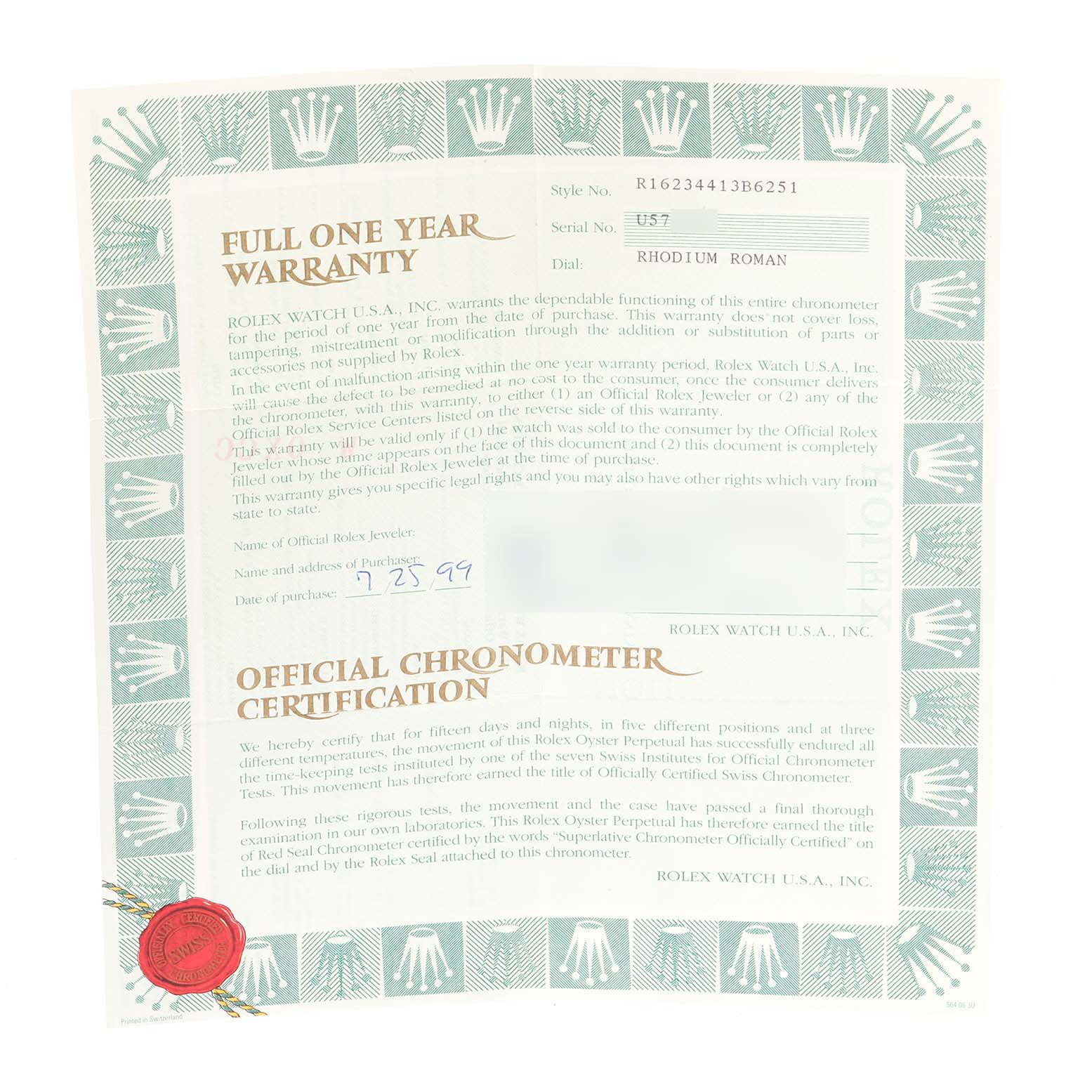 The image shows a warranty and official chronometer certification for a Rolex Datejust 16234 Men's Stainless Steel Silver Dial 16234 Men's Stainless Steel Silver Dial model.