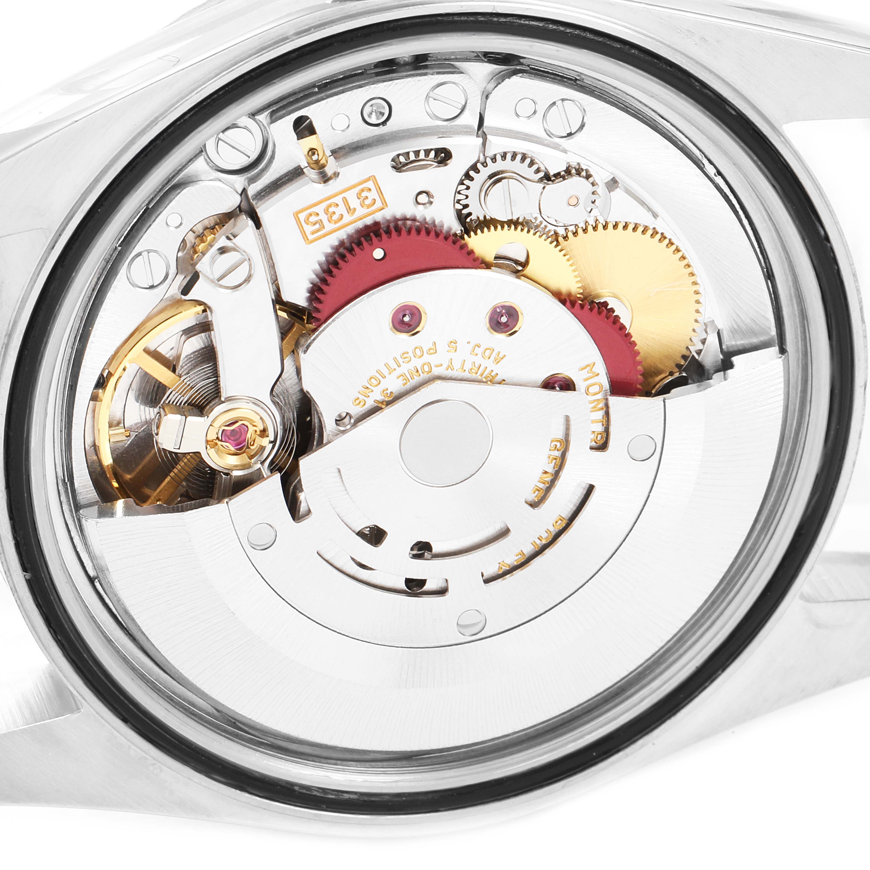 This image shows the movement and internal mechanical parts of a Rolex Datejust 16234 Men's Stainless Steel Silver Dial 16234 Men's Stainless Steel Silver Dial watch from a close-up rear angle.