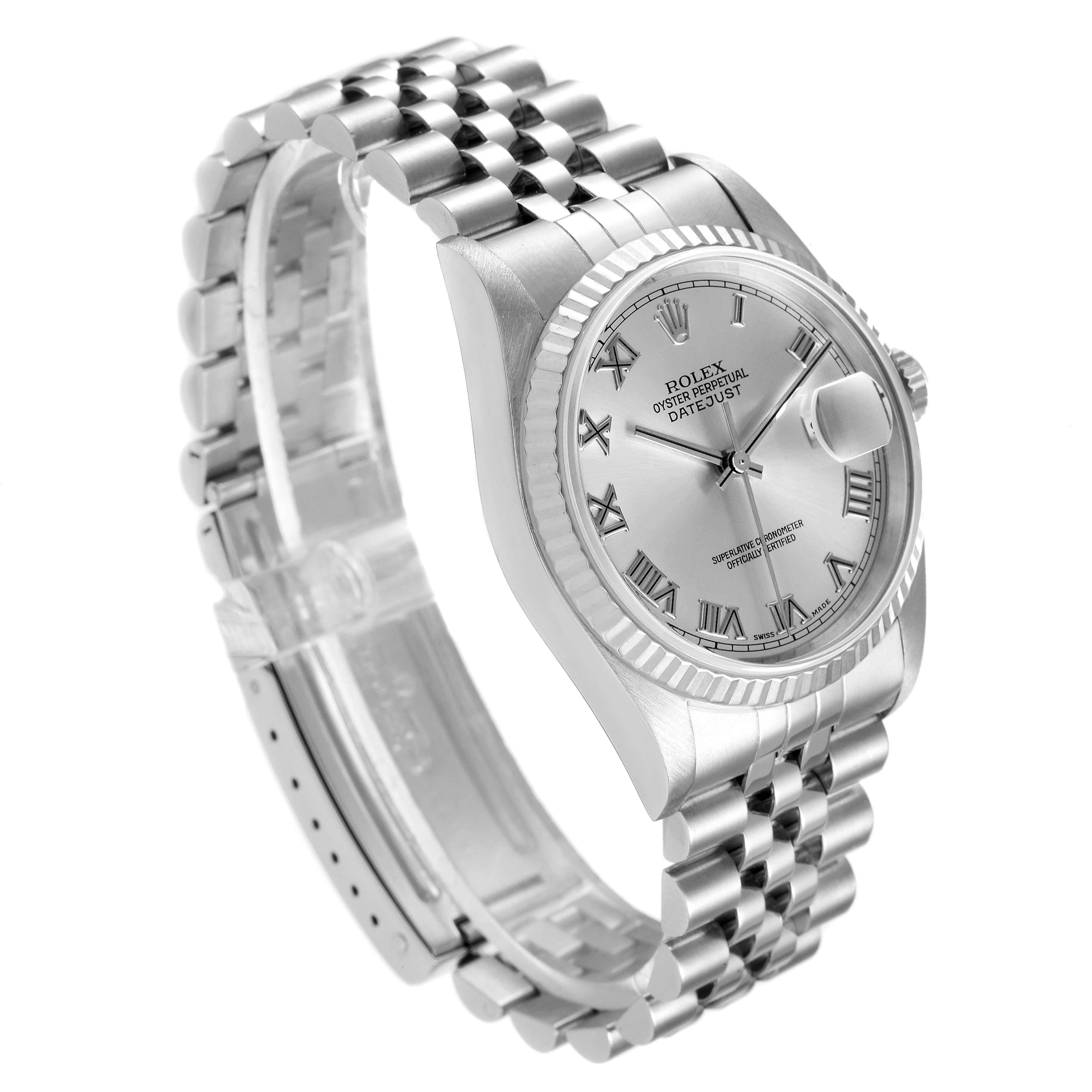 The image shows a Rolex Datejust 16234 Men's Stainless Steel Silver Dial 16234 Men's Stainless Steel Silver Dial watch at a three-quarter angle, highlighting its face, bezel, and Jubilee bracelet.