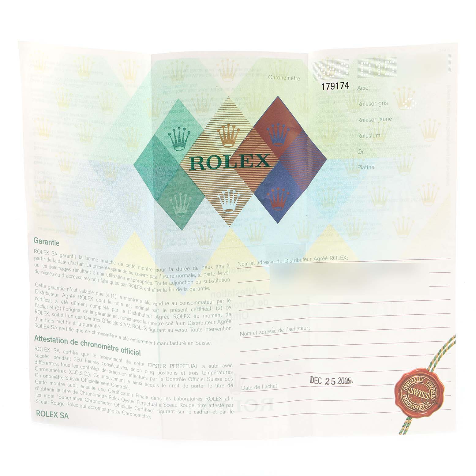 The image shows the warranty certificate for a Rolex Datejust 179174 Women's Stainless Steel Pink Dial 179174 Women's Stainless Steel Pink Dial watch, displaying information about the model and purchase date.