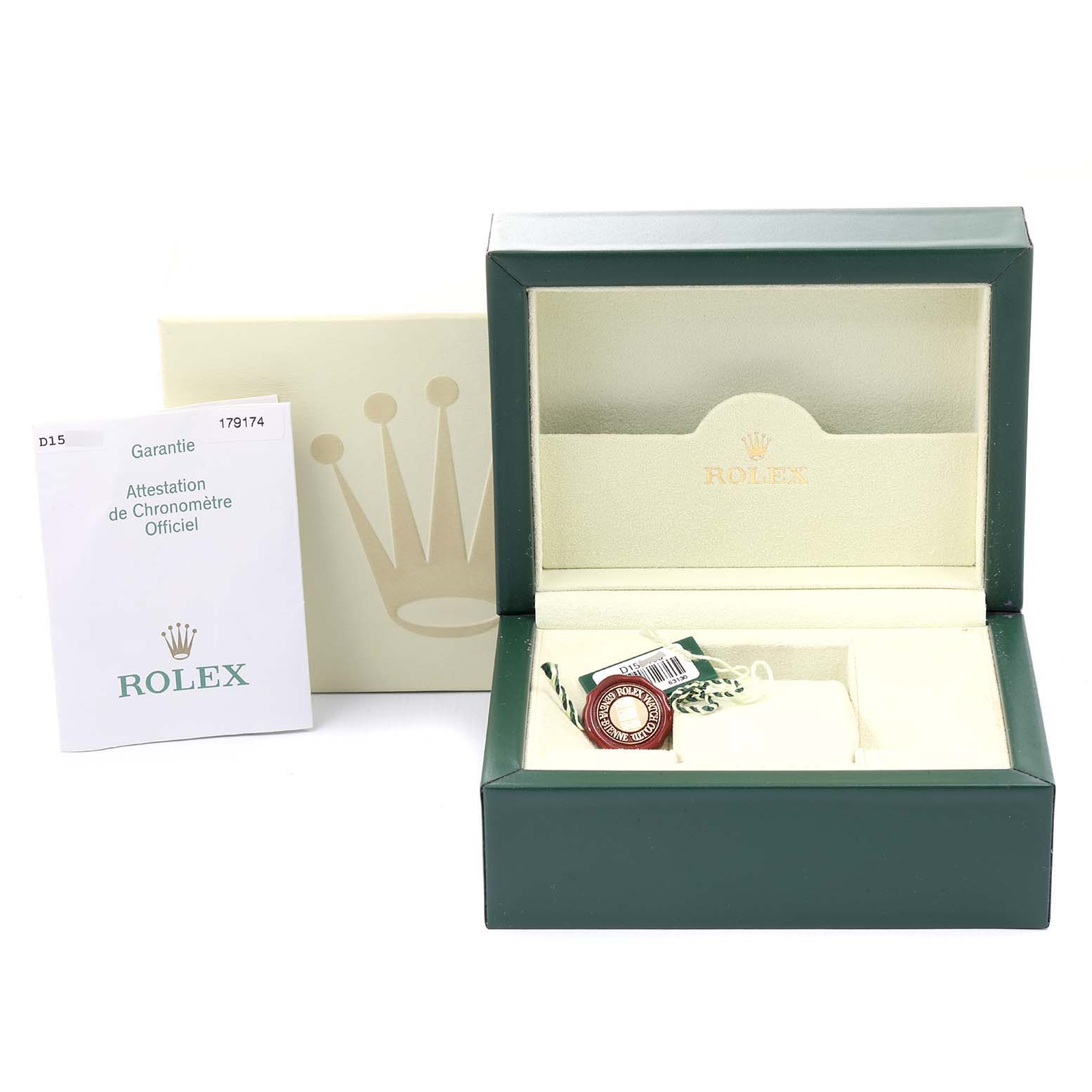 The image shows an open Rolex Datejust 179174 Women's Stainless Steel Pink Dial 179174 Women's Stainless Steel Pink Dial watch box along with the guarantee certificate and tags from the front angle.