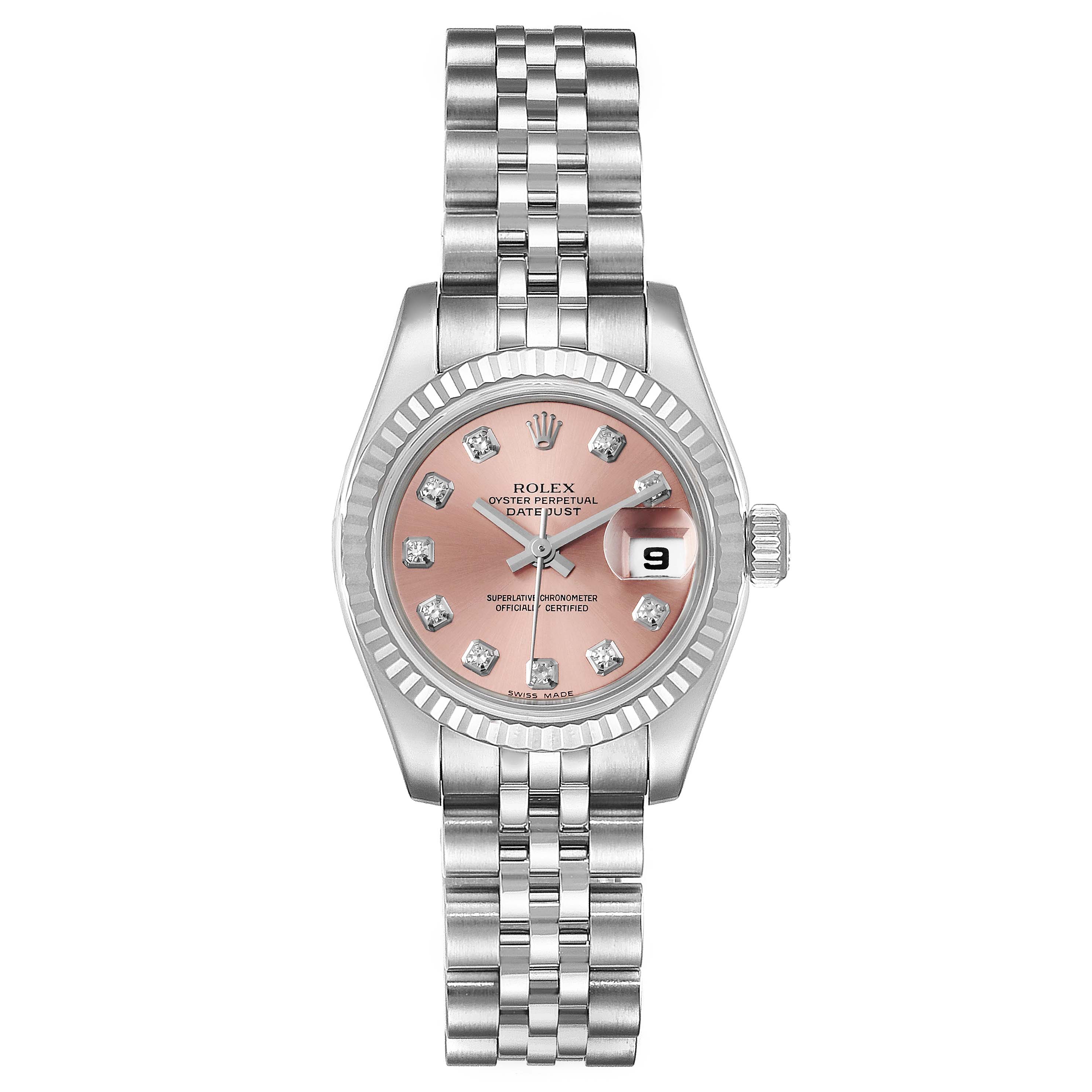 This image shows a front view of a Rolex Datejust 179174 Women's Stainless Steel Pink Dial 179174 Women's Stainless Steel Pink Dial watch, highlighting the dial, bezel, bracelet, and date display.
