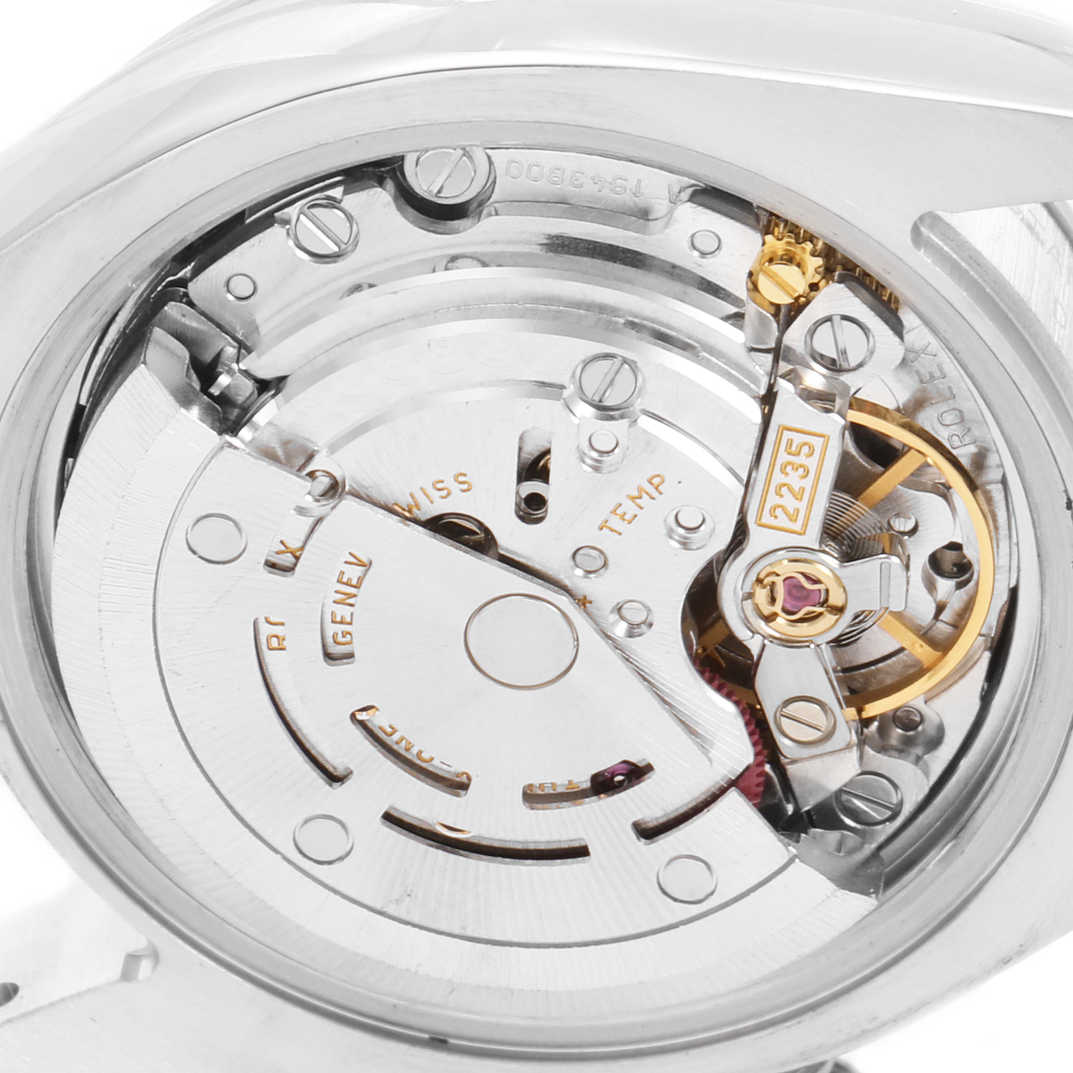 This image shows a close-up of the Rolex Datejust 179174 Women's Stainless Steel Pink Dial 179174 Women's Stainless Steel Pink Dial’s movement and intricate inner mechanism.