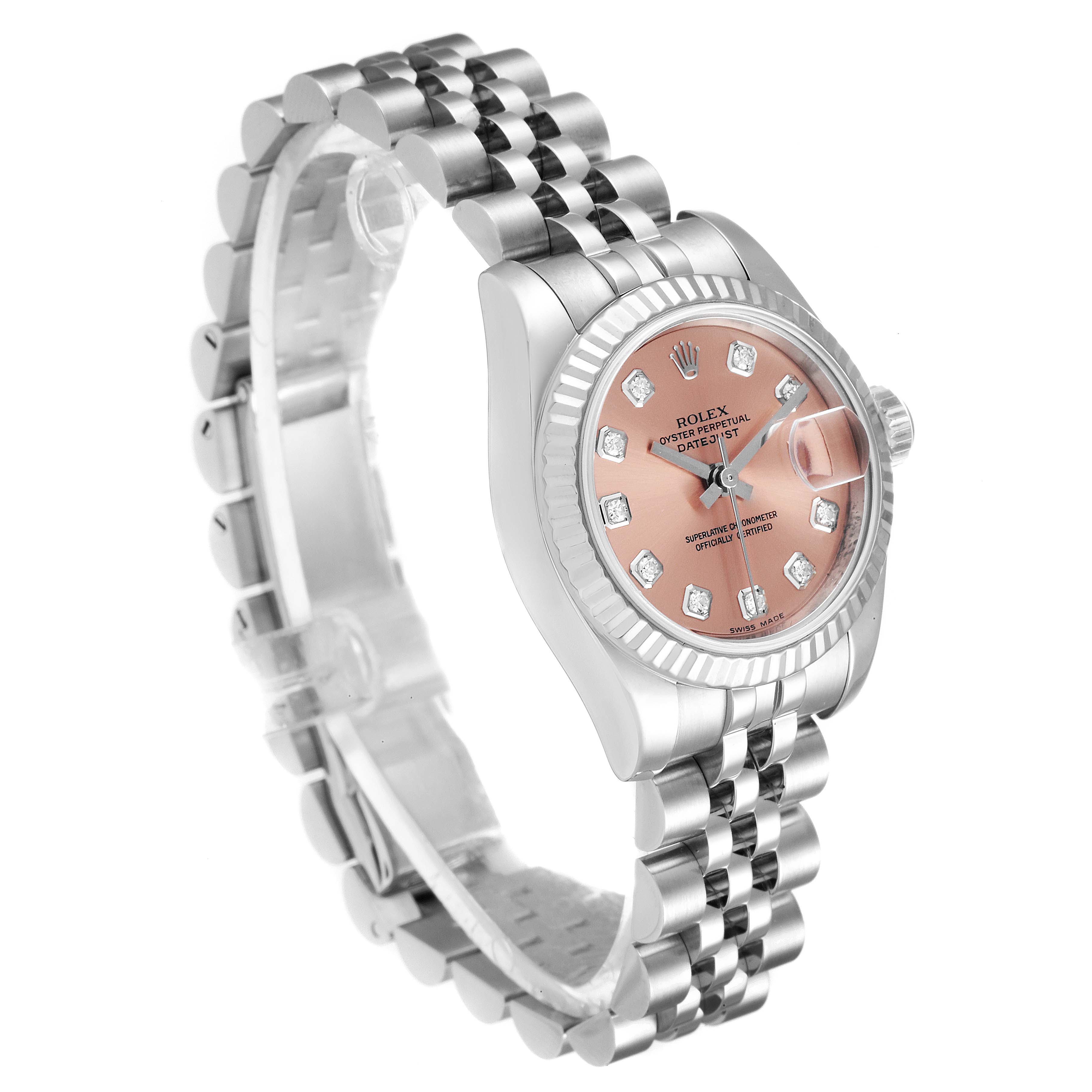 The Rolex Datejust 179174 Women's Stainless Steel Pink Dial 179174 Women's Stainless Steel Pink Dial watch is shown at a three-quarter angle, highlighting the dial, bezel, crown, and bracelet.