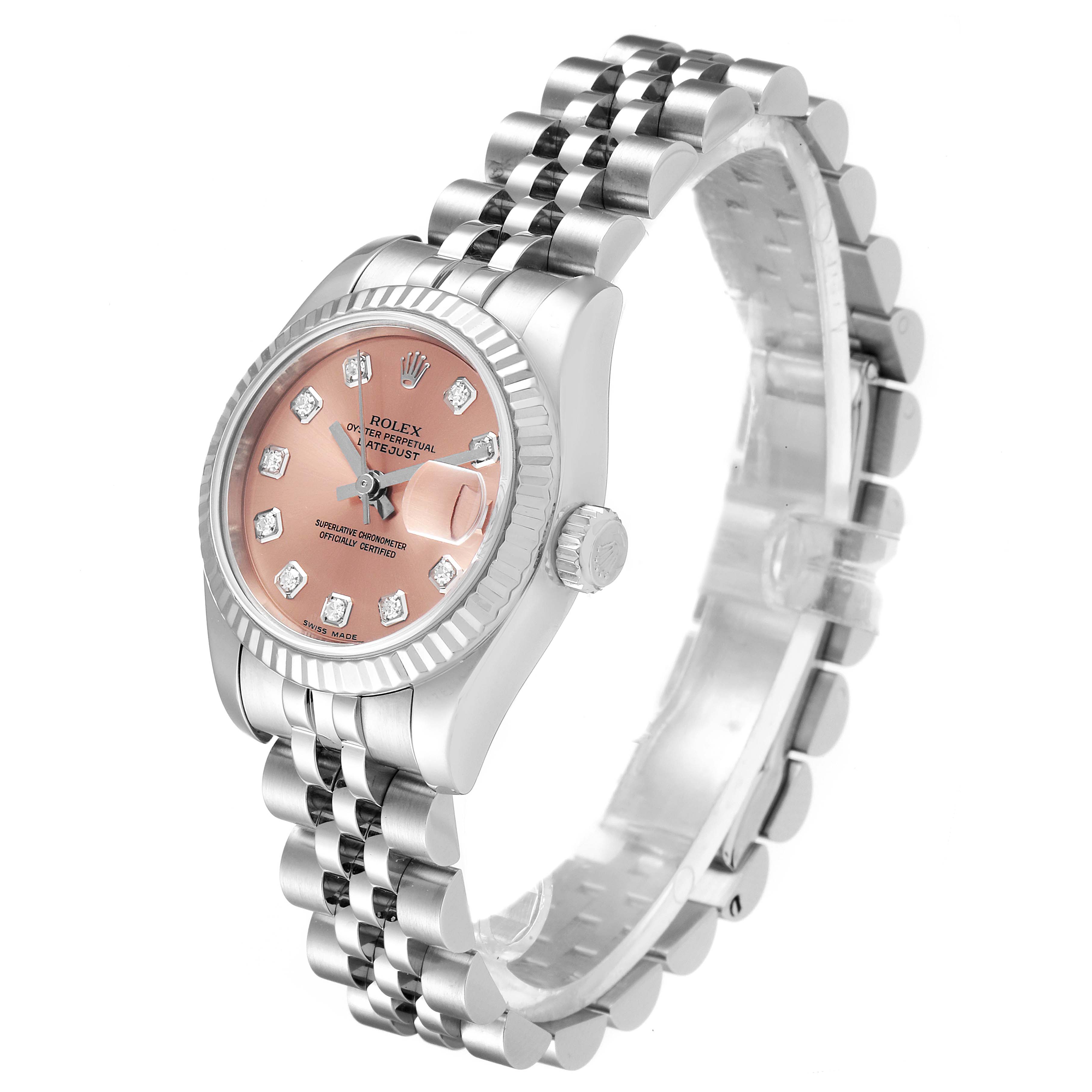 The Rolex Datejust 179174 Women's Stainless Steel Pink Dial 179174 Women's Stainless Steel Pink Dial watch is shown at a three-quarter angle, displaying the dial, case, crown, and bracelet.
