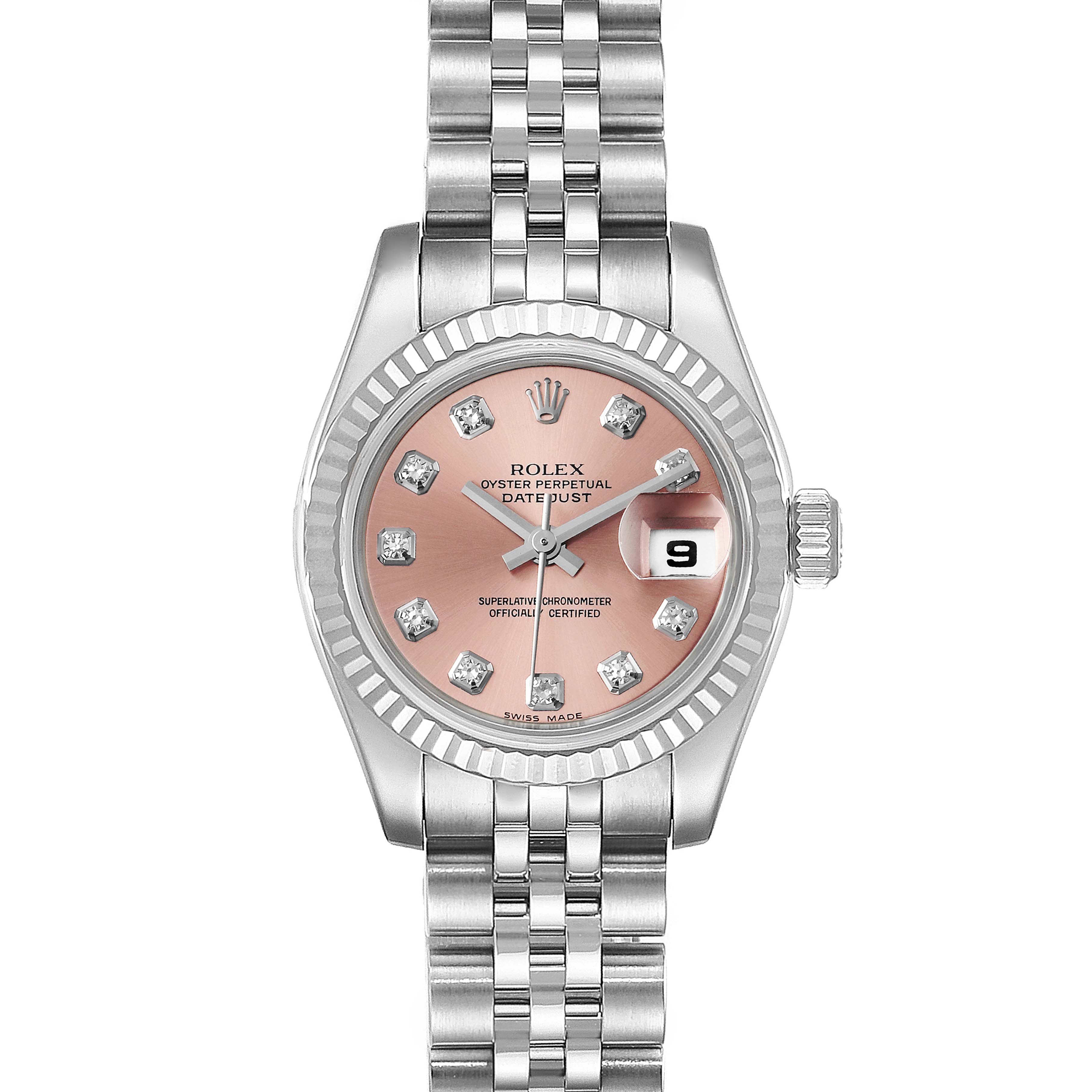 The image shows a frontal view of a Rolex Datejust 179174 Women's Stainless Steel Pink Dial 179174 Women's Stainless Steel Pink Dial watch, featuring a pink dial with diamond markers, a date window, and a Jubilee bracelet.