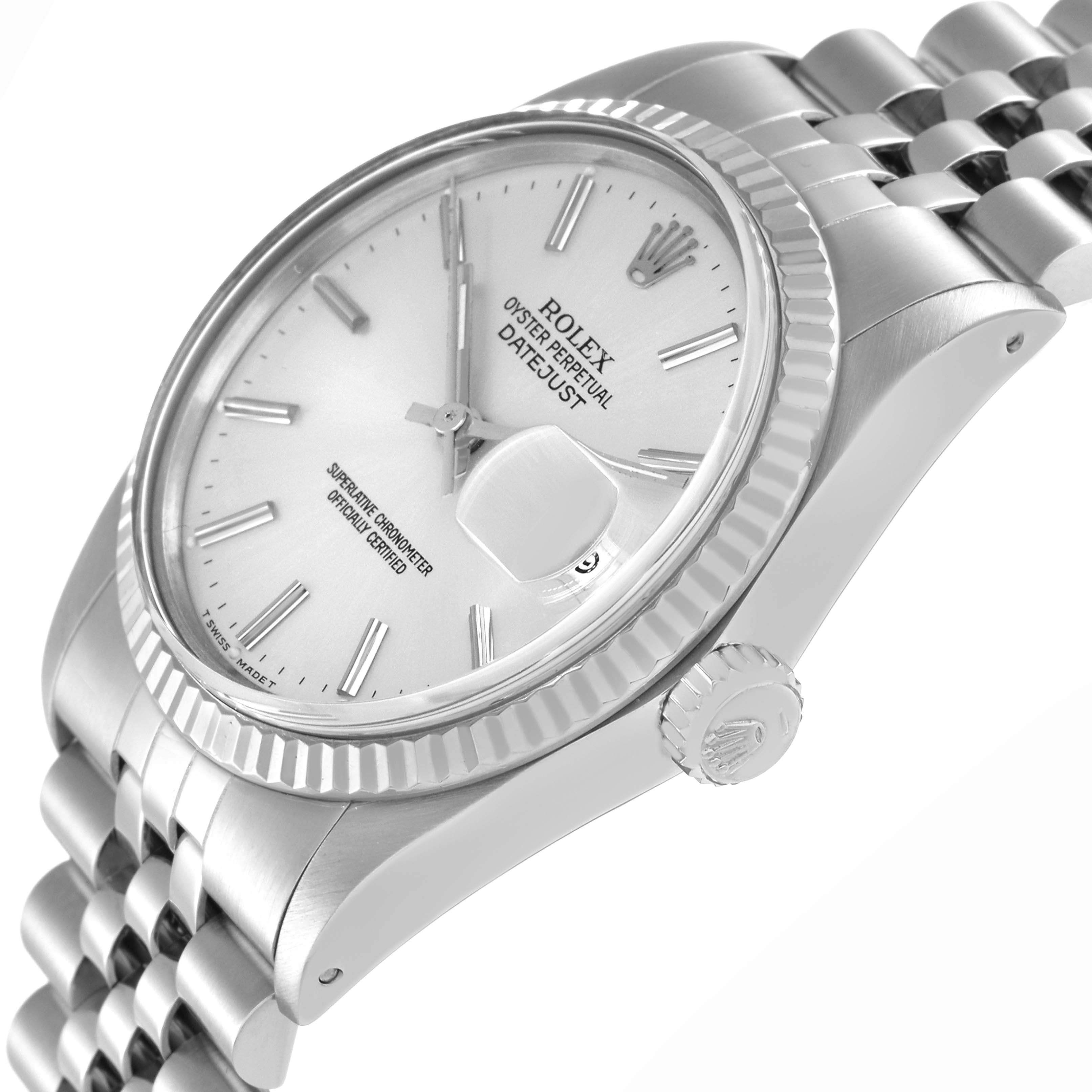 The image shows a Rolex Vintage Collection model 16014 men
s watch at an angled side view, highlighting the case, bezel, dial, crown, and part of the bracelet.