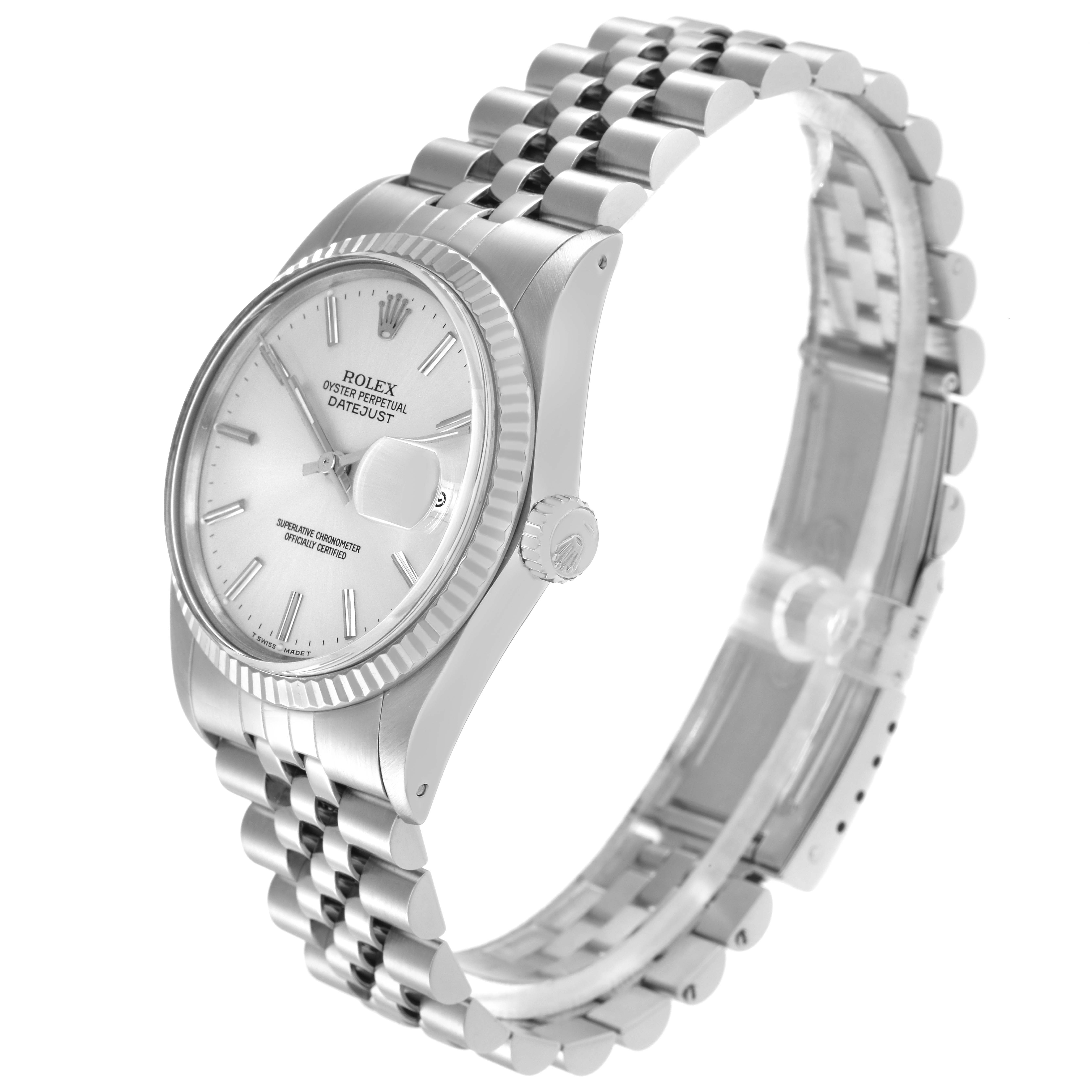 The Rolex Vintage Collection model 16014 is shown at an angled side view, highlighting the watch face, bezel, crown, and bracelet.