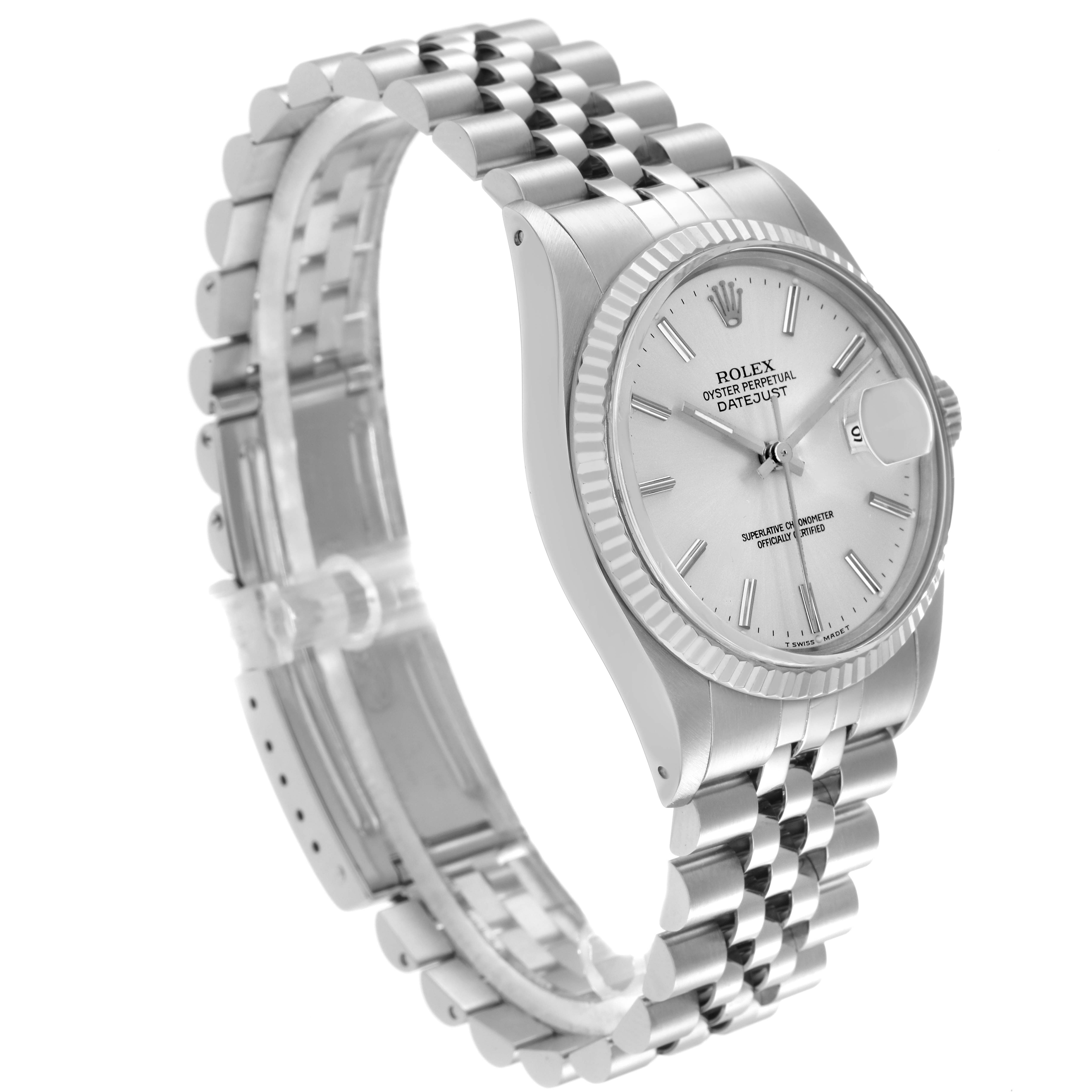 The image shows the Rolex Vintage Collection model 16014 men
s watch from a side angle, highlighting the face, bezel, crown, and part of the bracelet.