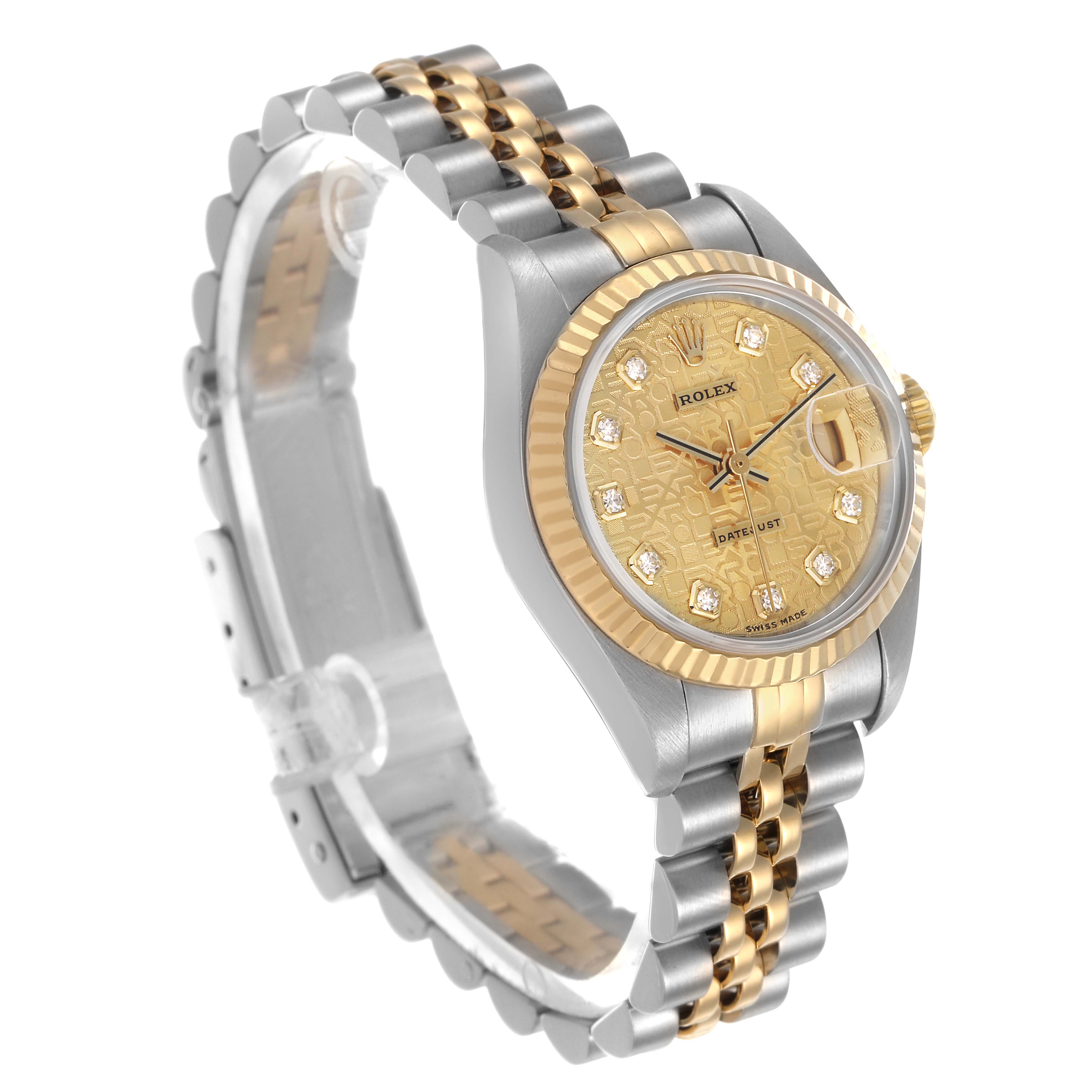 The Rolex Datejust 79173 Women's Stainless Steel Champagne Dial watch is shown at a three-quarter angle, highlighting the gold and silver bracelet, bezel, and dial.