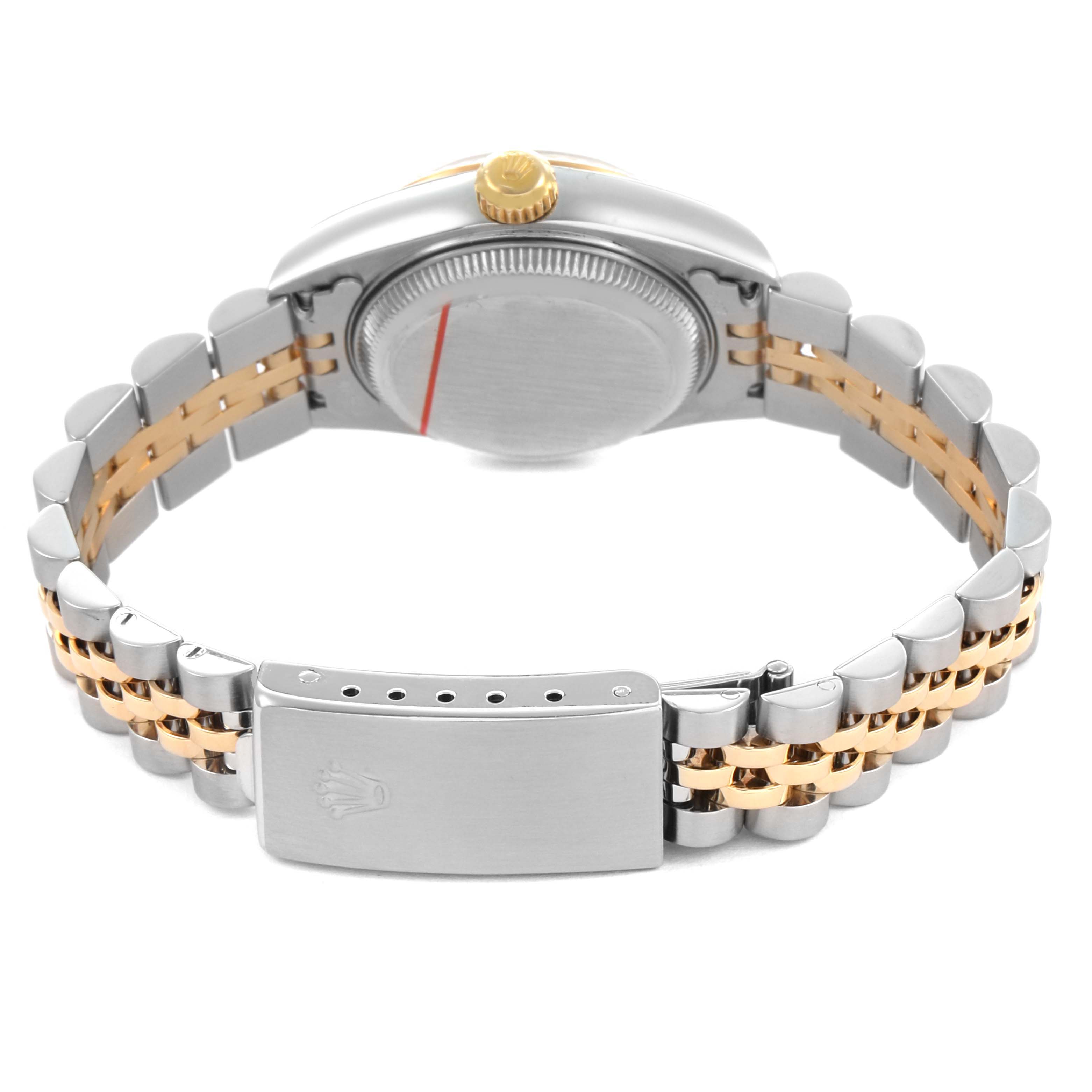The image shows the back and bracelet of a Rolex Datejust 79173 Women's Stainless Steel Champagne Dial, highlighting the clasp and two-tone links.