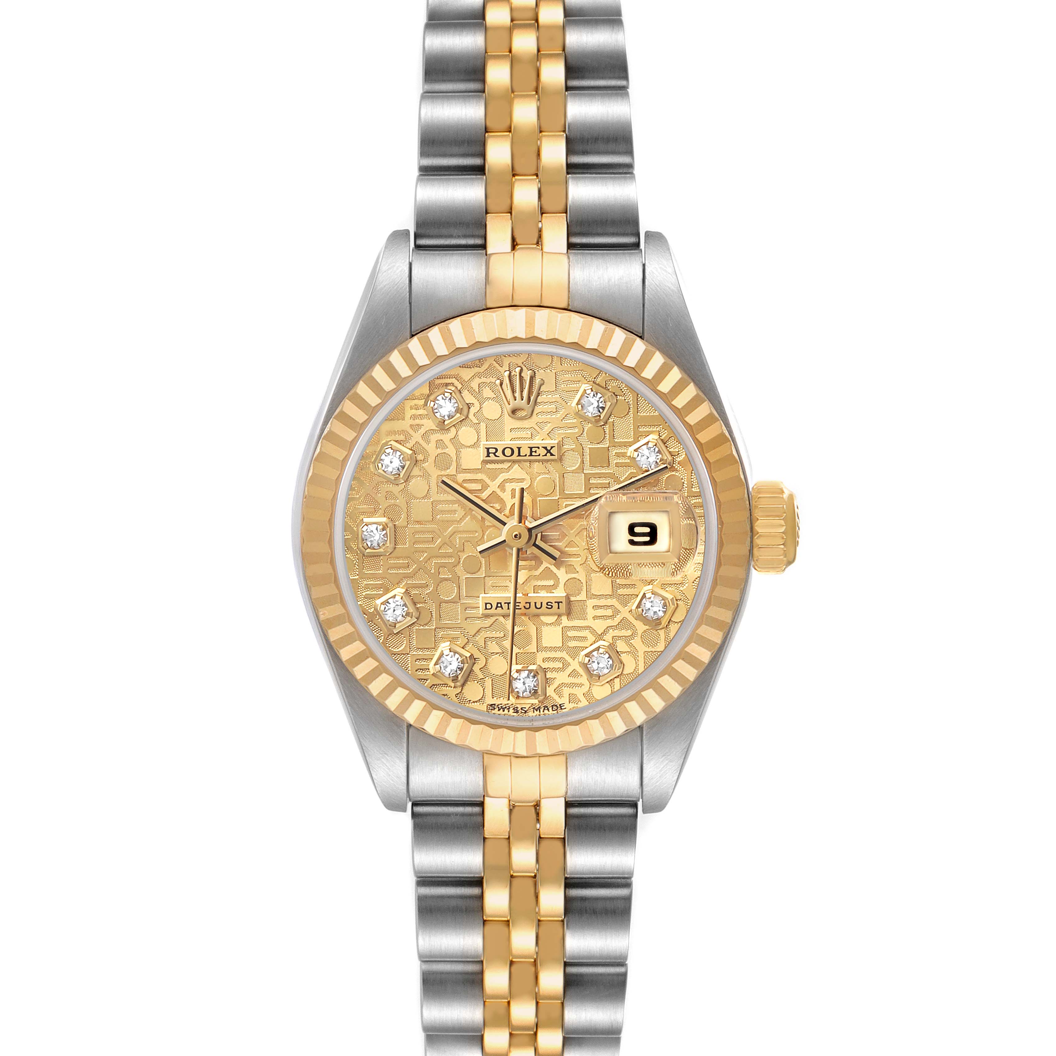 The Rolex Datejust 79173 Women's Stainless Steel Champagne Dial watch is shown from a front angle, featuring a gold and silver bracelet, gold dial, and diamond hour markers.