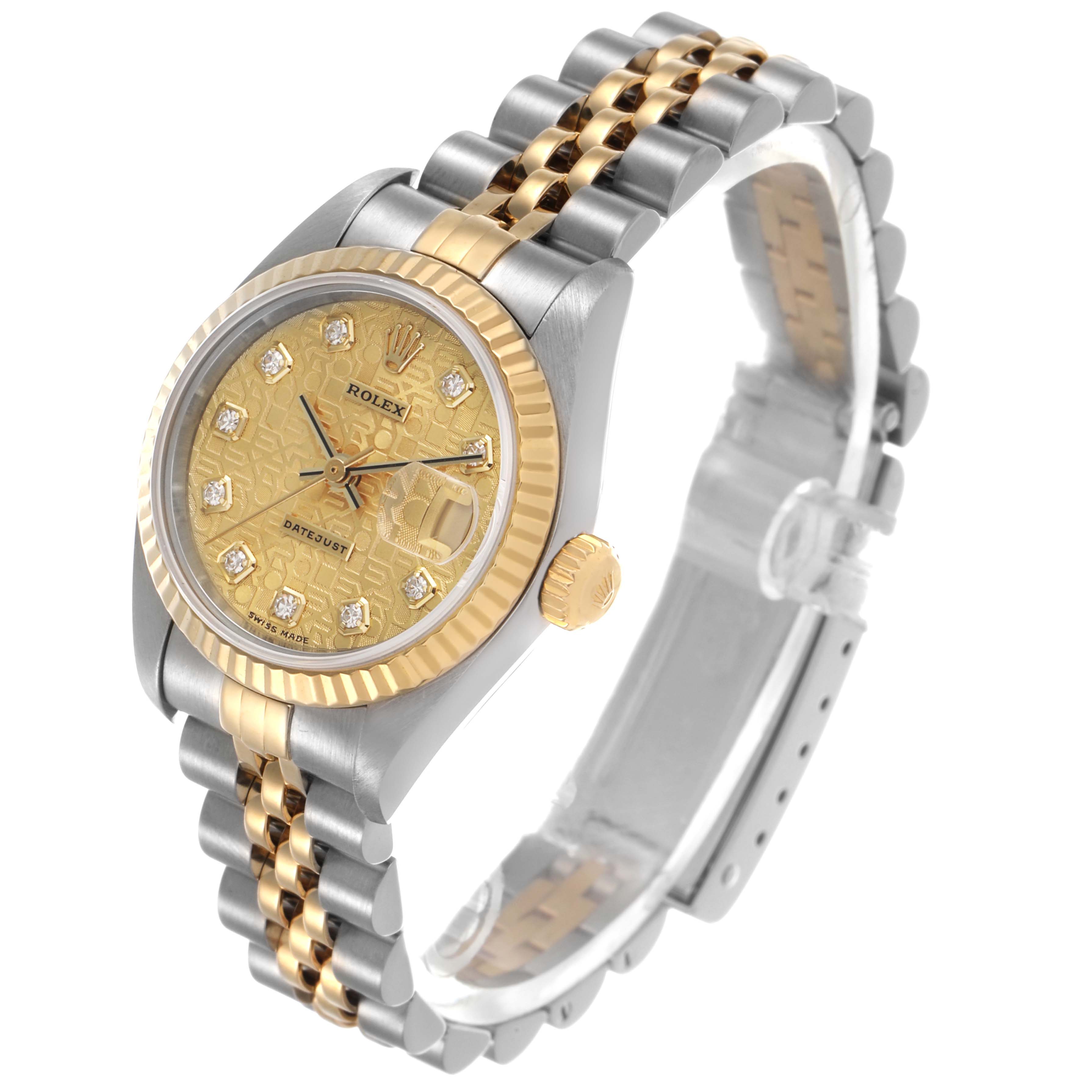 The Rolex Datejust 79173 Women's Stainless Steel Champagne Dial watch is shown at a slight top-right angle, highlighting the face, bezel, crown, and bracelet.