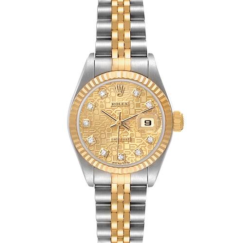 The image shows a Rolex Datejust 79173 Women's Stainless Steel Champagne Dial watch from a top view, displaying the dial, bezel, crown, and Jubilee bracelet.