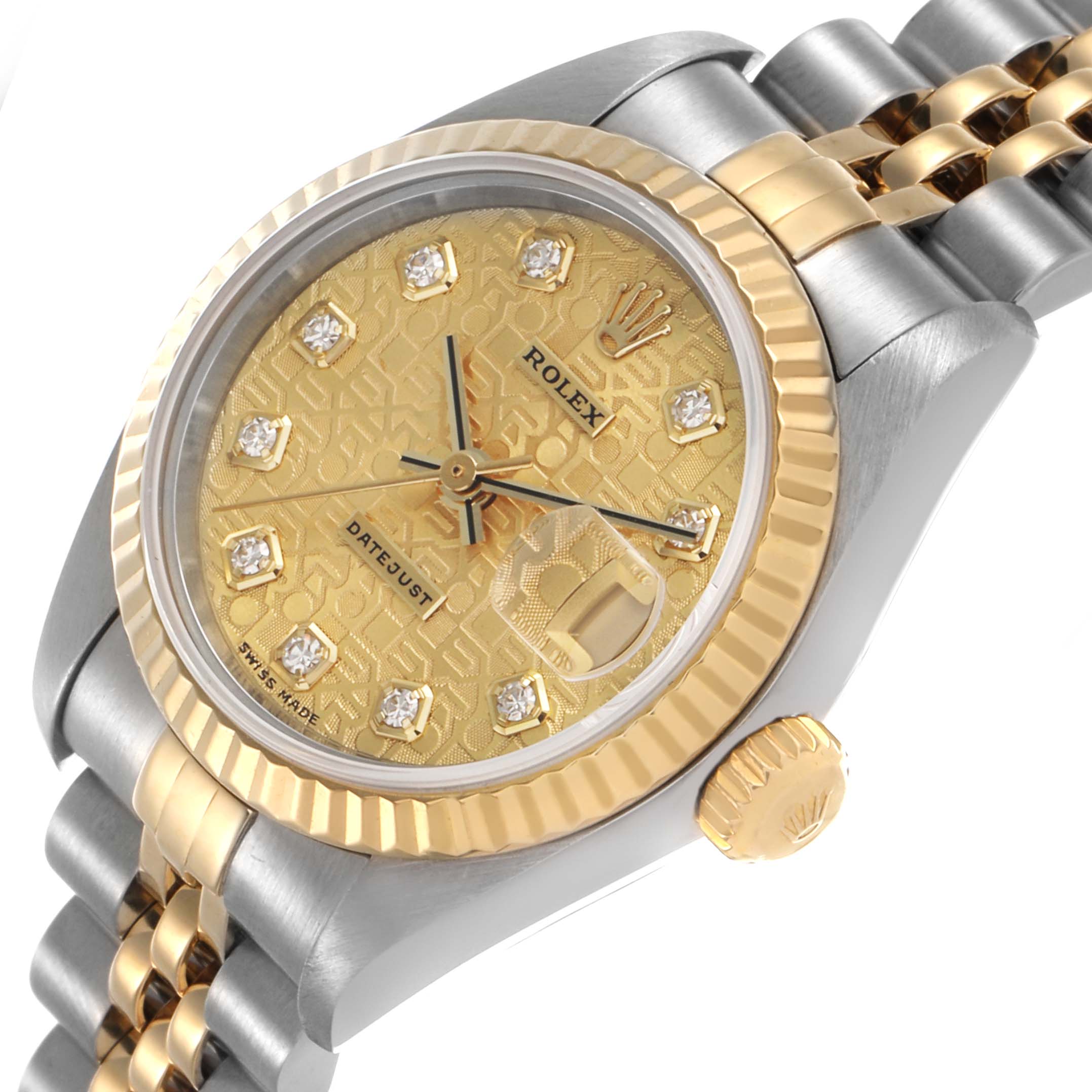 The Rolex Datejust 79173 Women's Stainless Steel Champagne Dial is shown at an angle highlighting the face, bezel, crown, and part of the bracelet.