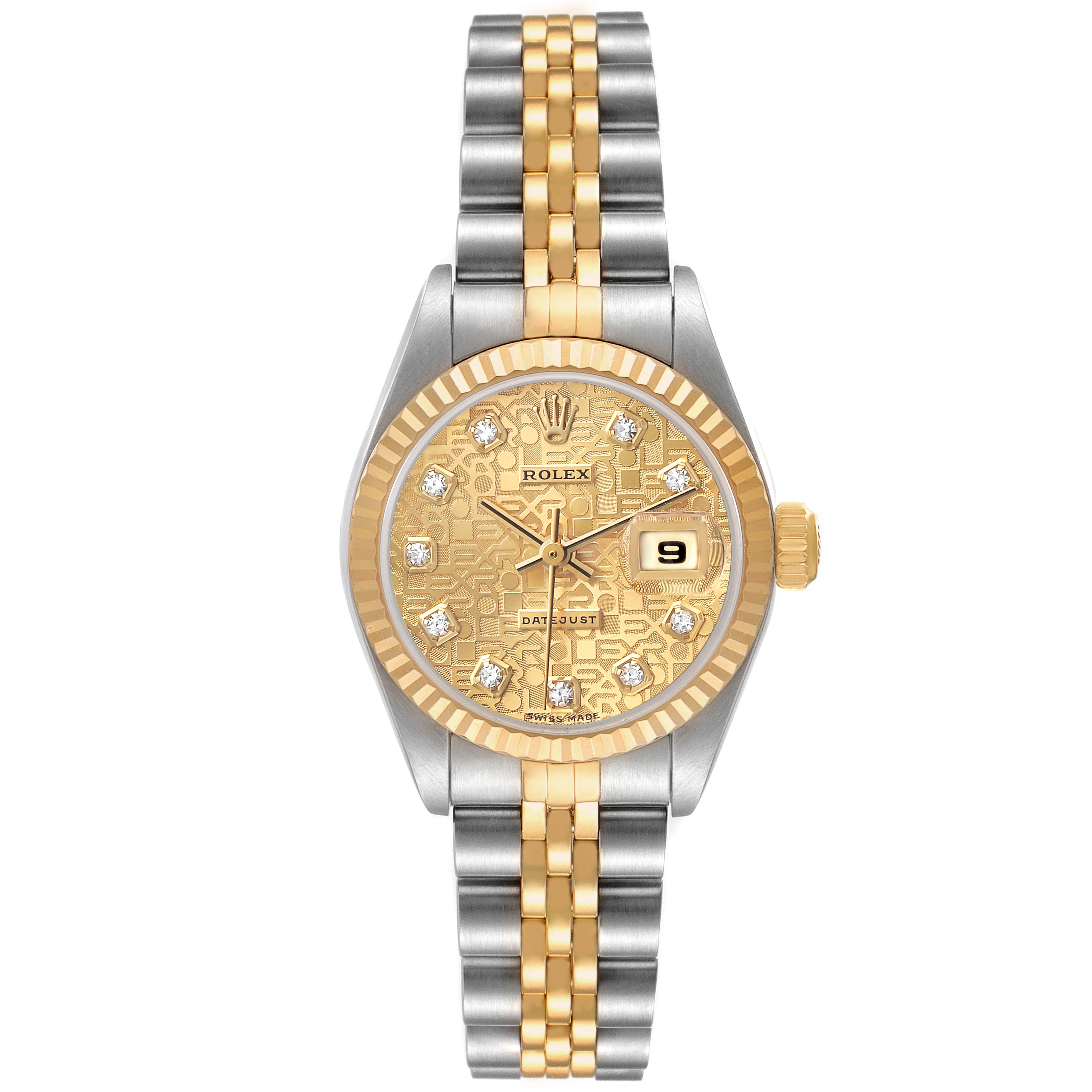 The Rolex Datejust 79173 Women's Stainless Steel Champagne Dial watch is shown from a front angle, displaying its gold dial, diamond hour markers, and two-tone bracelet.