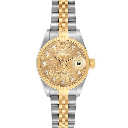 The Rolex Datejust 79173 Women's Steel and Gold (two tone) Champagne Dial watch is shown from the front, displaying the dial, bezel, crown, and part of the two-tone bracelet.